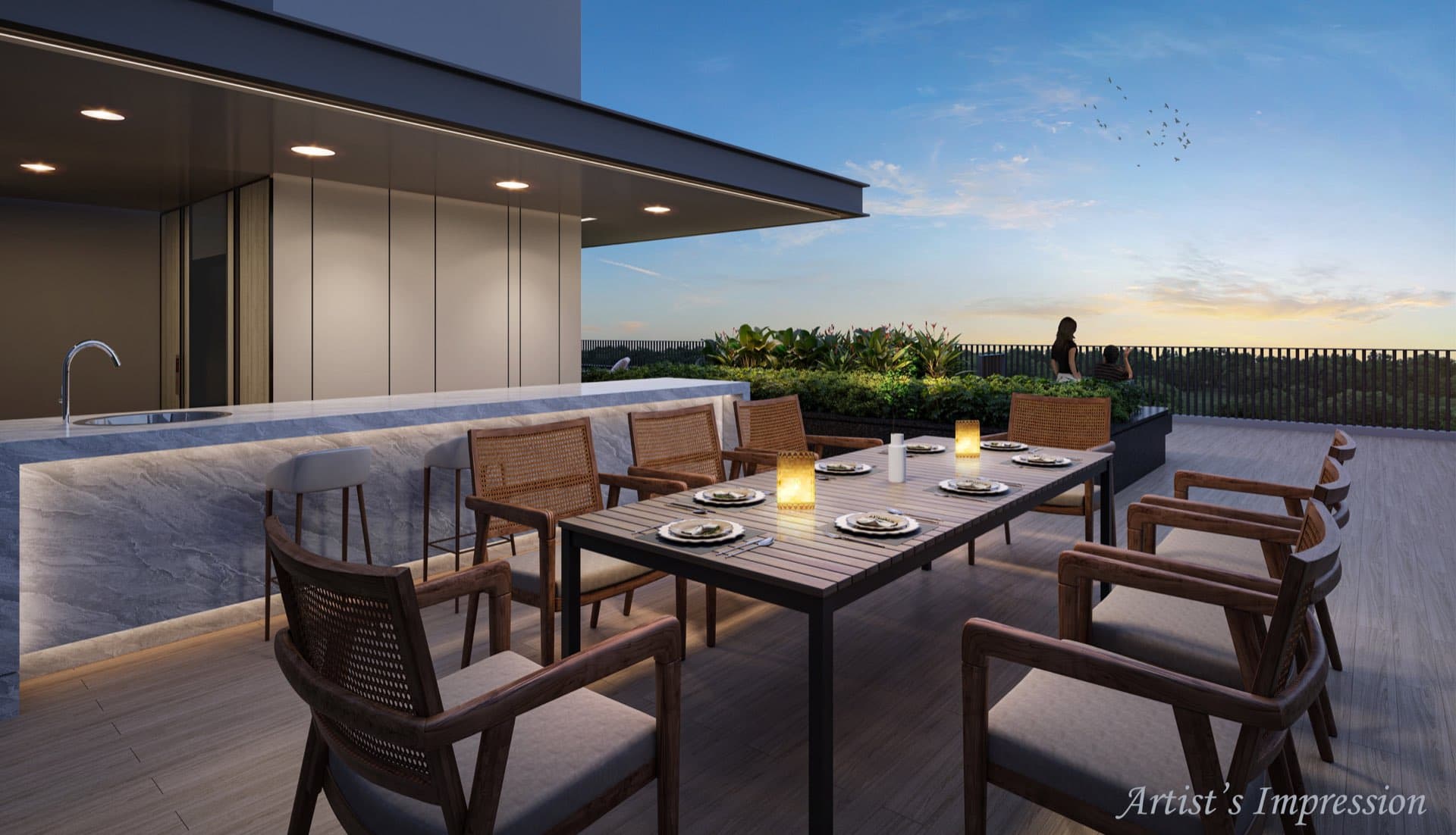 Developer render of the roof terrace dining area at dusk, with a sheltered counter and planting along the parapet