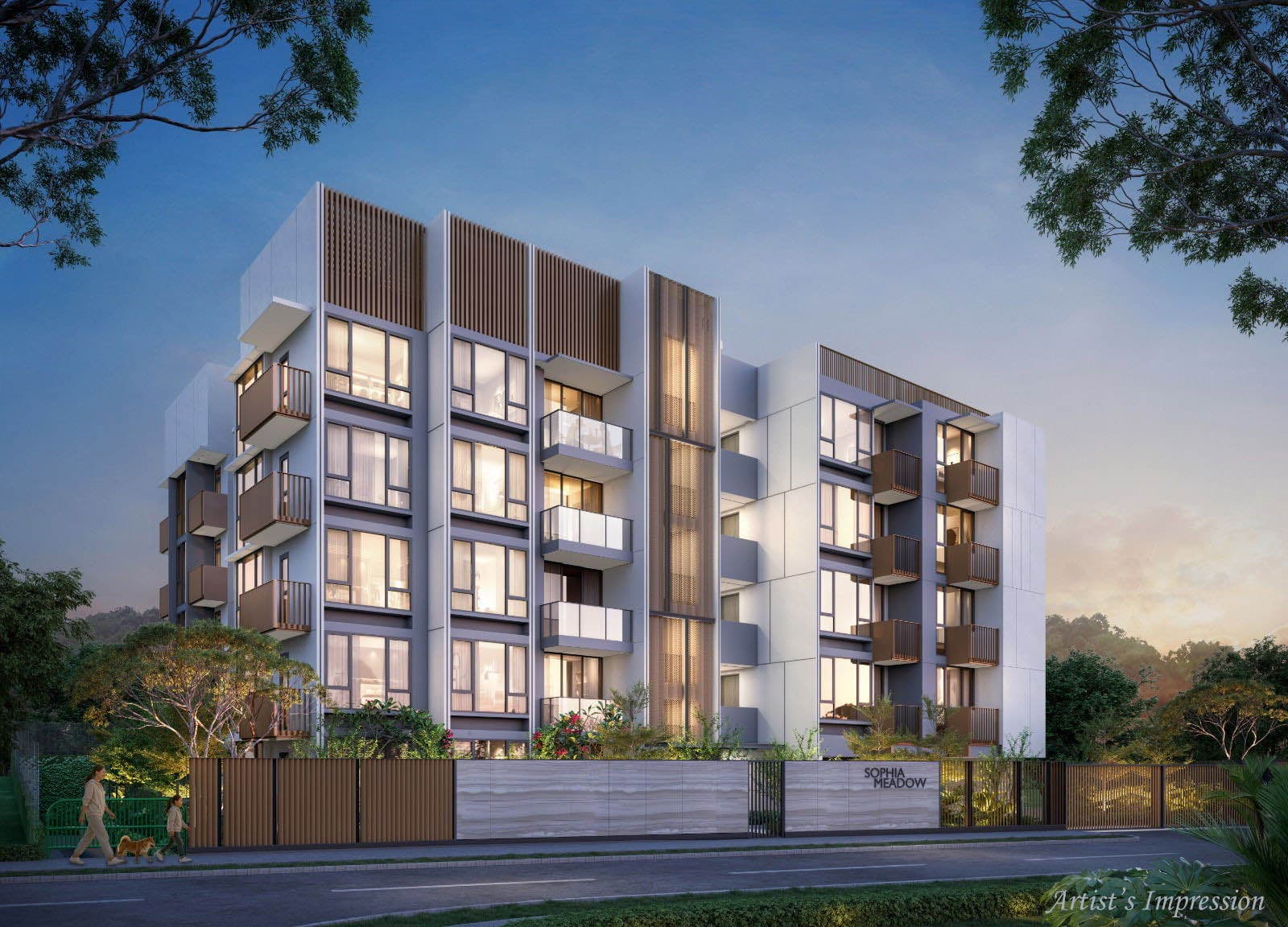 Developer render of the block frontage at dusk, viewed along Sophia Road from further back