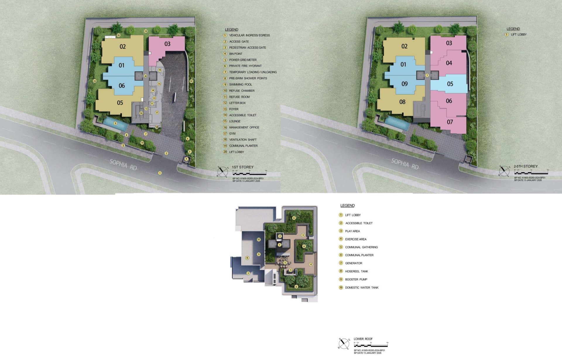 Illustrated site plan of Sophia Meadow: the first-storey, second-to-fifth-storey and lower roof plans, each with its own legend