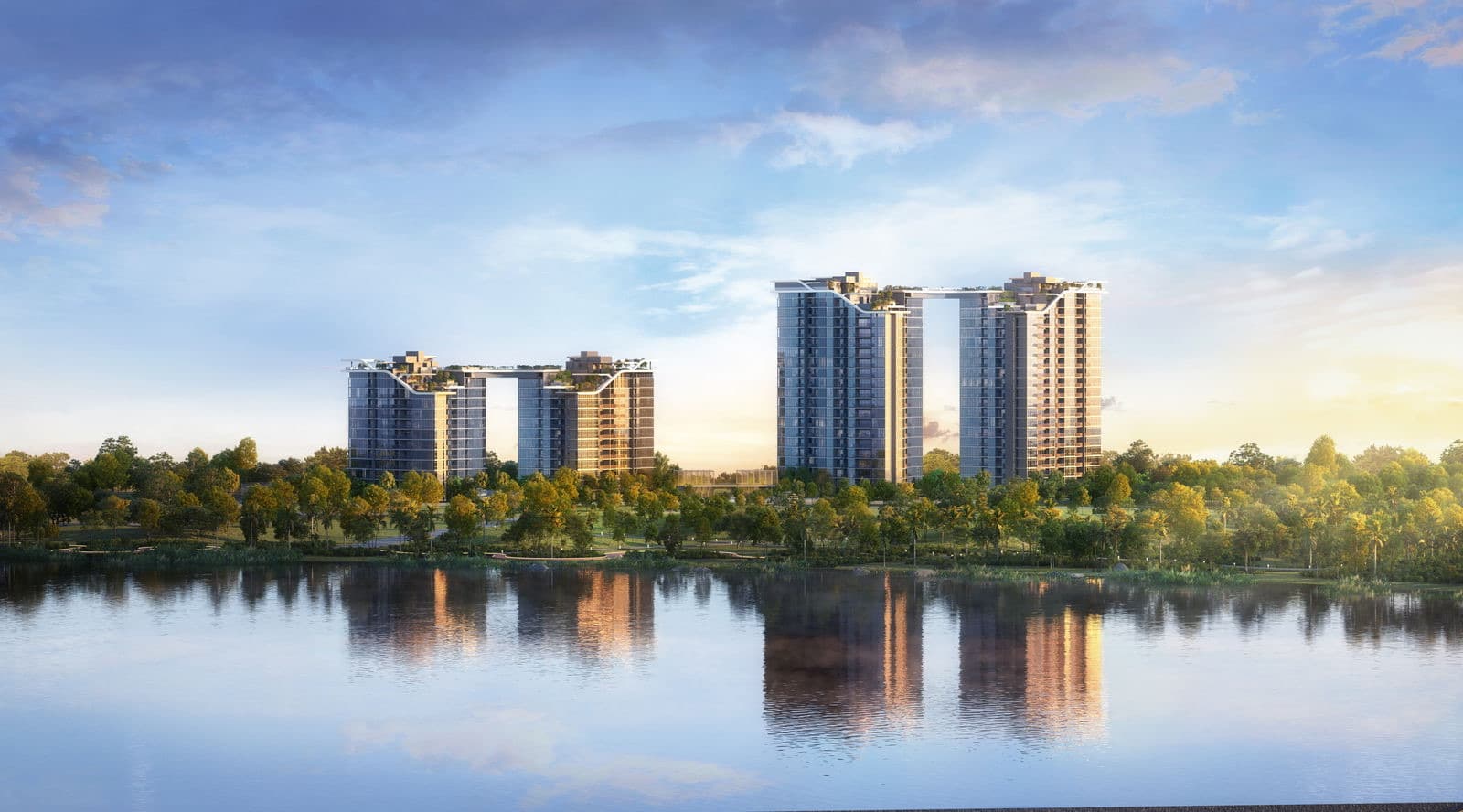 Developer render of SORA's towers beside Jurong Lake