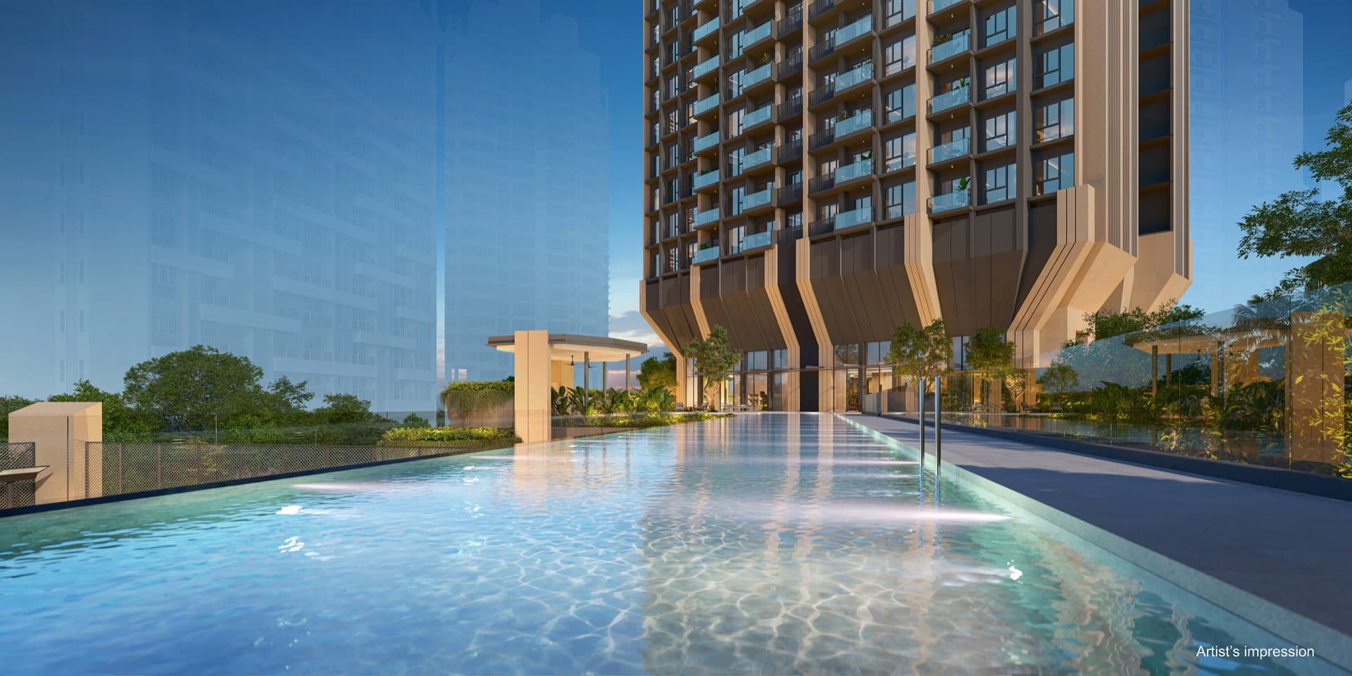 Developer render of the lap pool on the facilities deck, the tower's stacked balconies rising above it