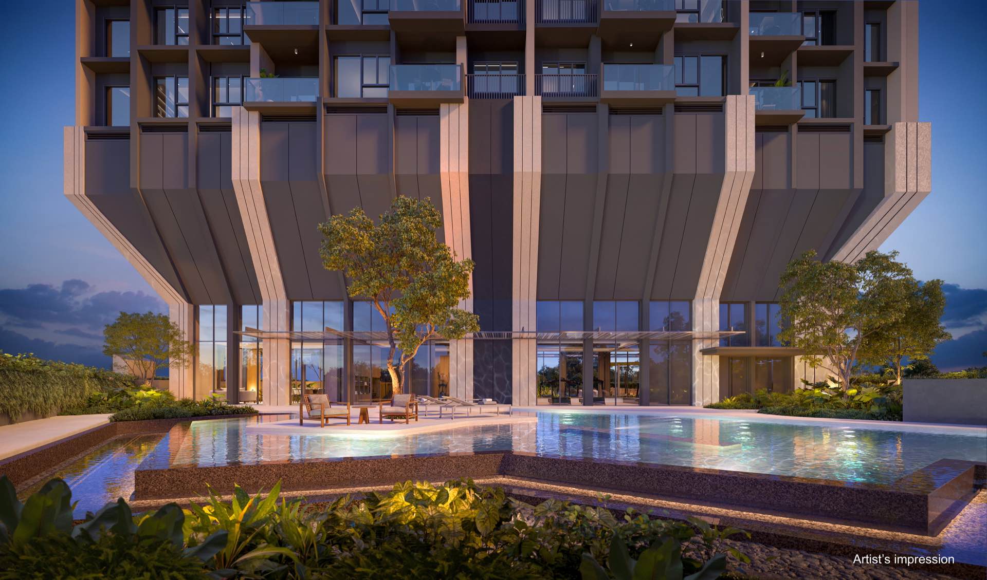 Developer render of the spa pool and clubhouse at dusk beneath the tower's sculpted columns