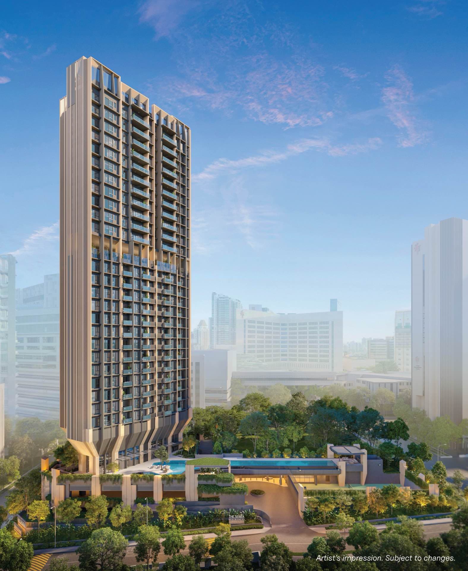 Developer render of the single Serra Residences tower above its pool deck, Novena rooftops and the city skyline behind
