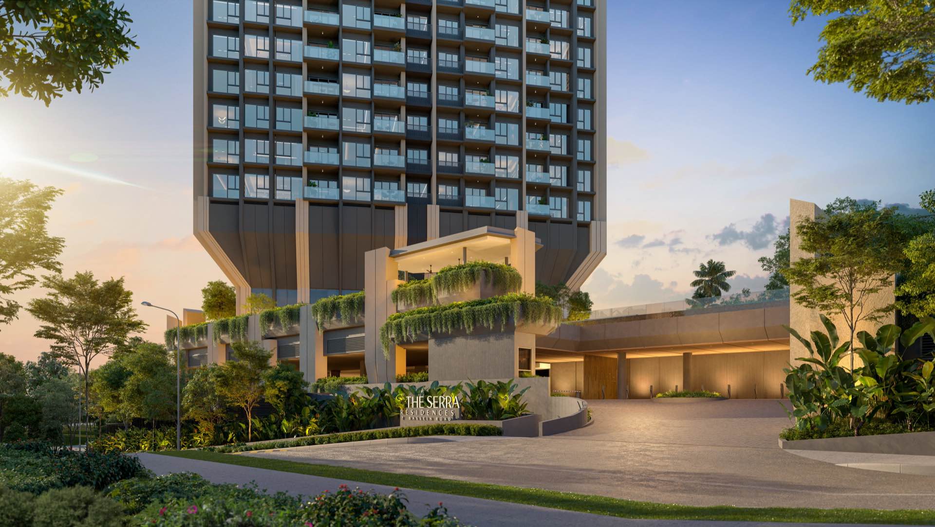 Developer render of the arrival drive and entrance at dusk beneath the tower's planted podium
