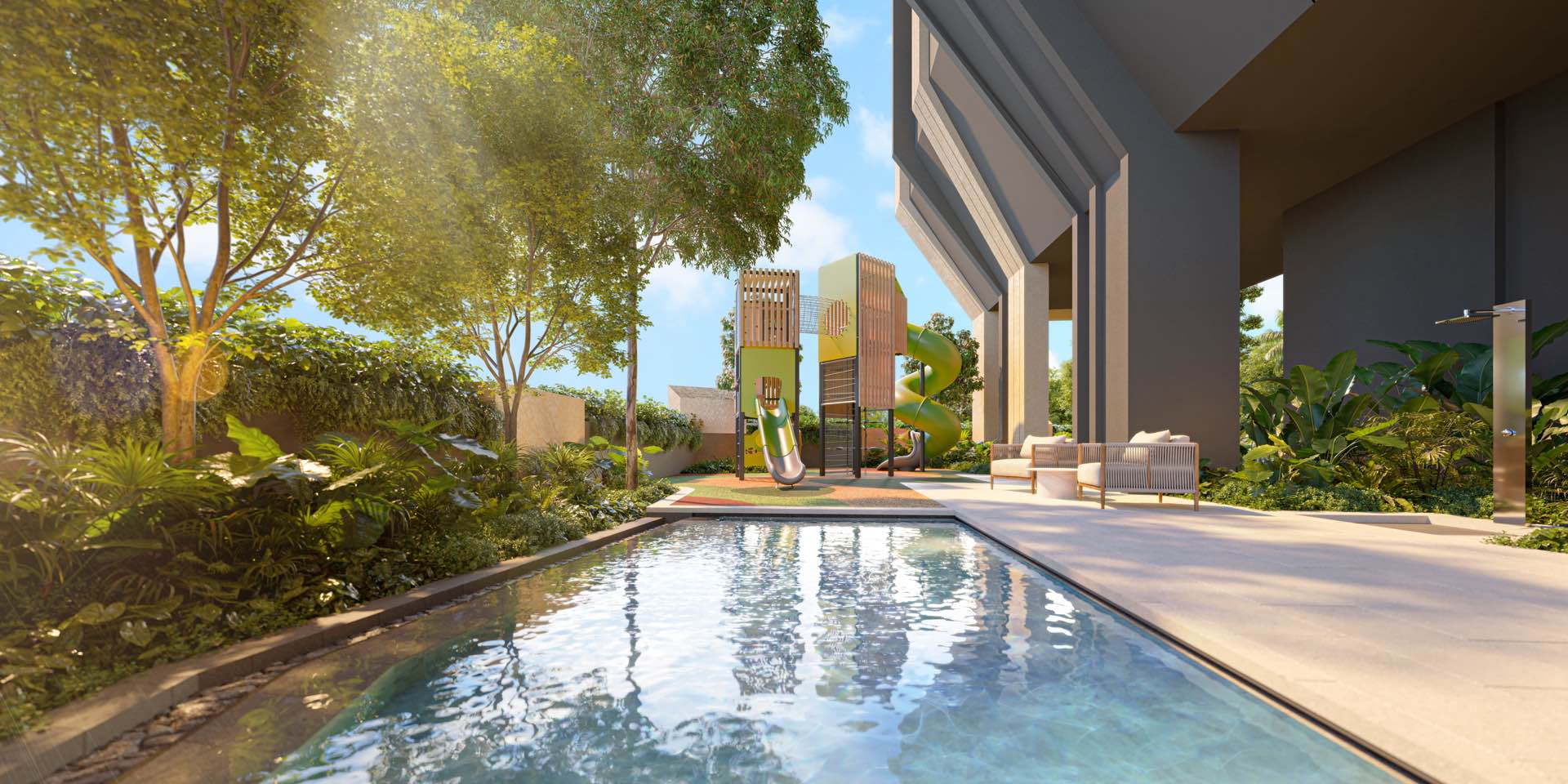 Developer render of the children's pool and playground under trees beside the base of the tower