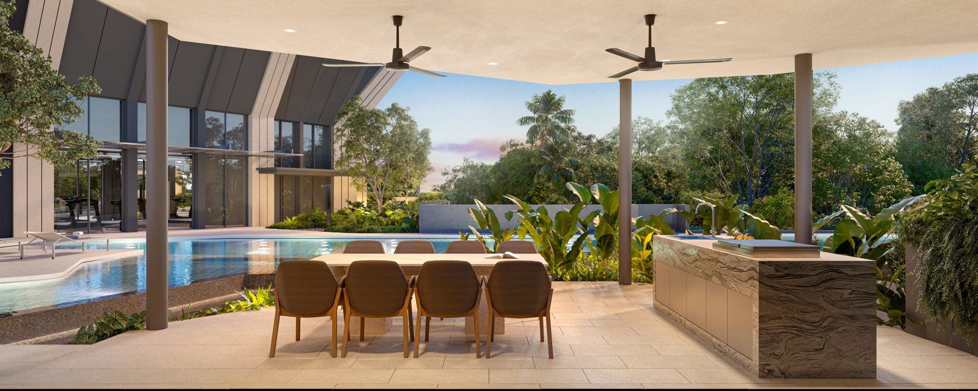 Developer render of the covered barbecue pavilion, a long dining table and cooking counter beside the pool