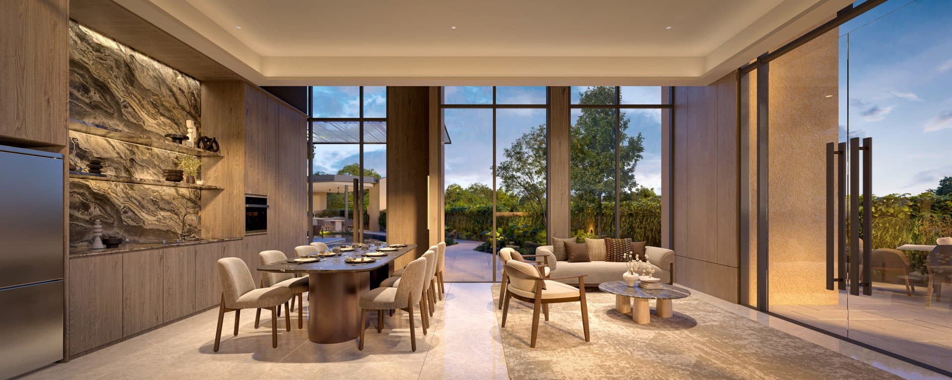 Developer render of the dining room, a long table and lounge seating beside full-height windows onto the garden