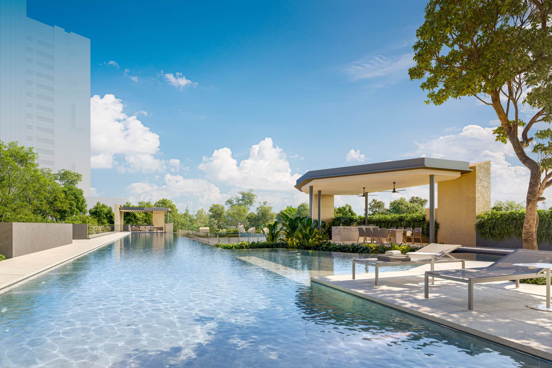 Developer render of the pool deck in daylight, loungers beside the water and a covered pavilion beyond