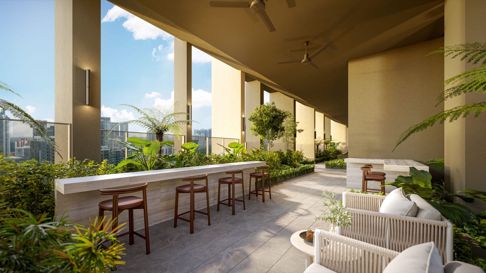 Developer render of the social lounge on the sky terrace, a bar counter and sofas among planting with city views