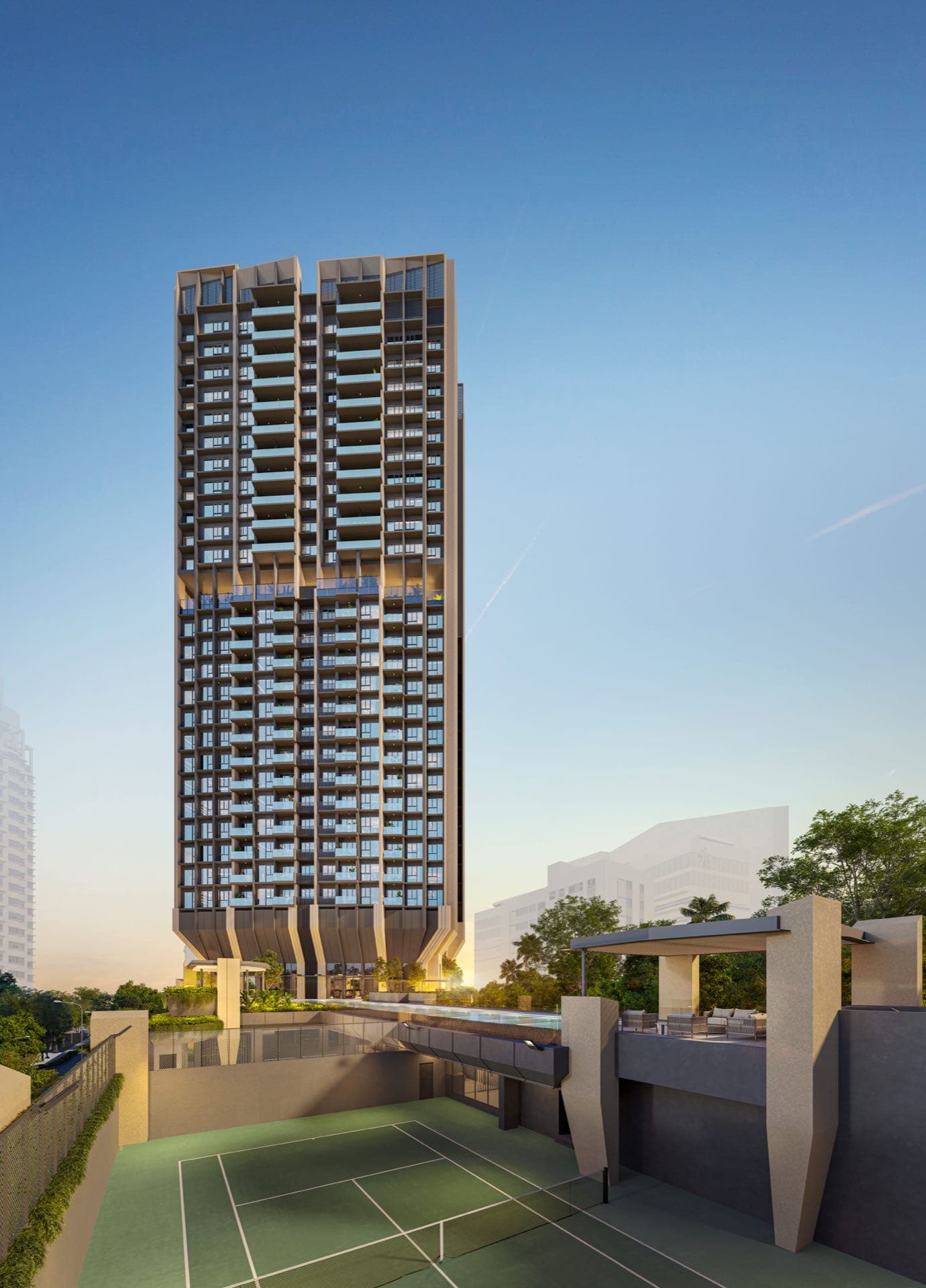 Developer render of the tennis court below the pool deck, the tower rising beyond at dusk