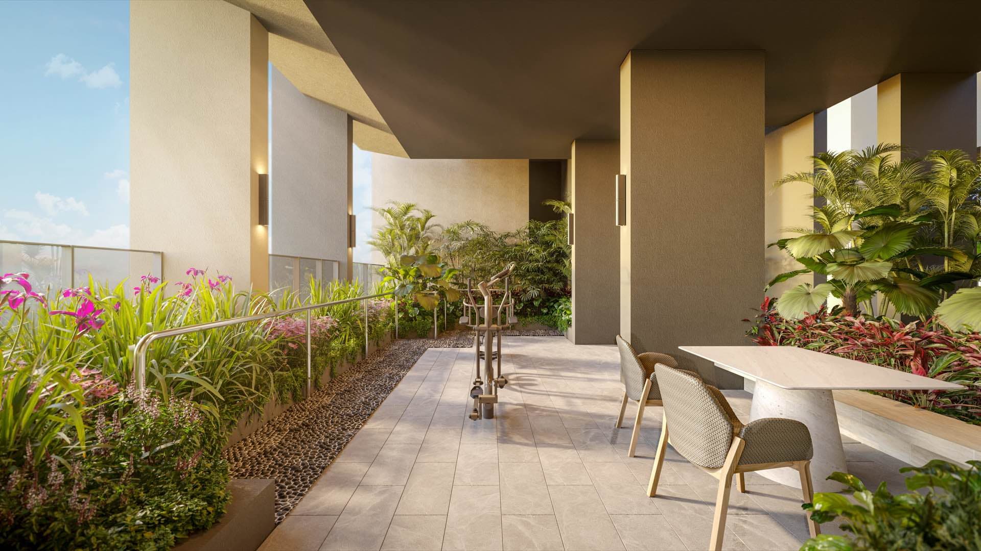 Developer render of the wellness garden on the sky terrace, a planted walkway with outdoor exercise stations
