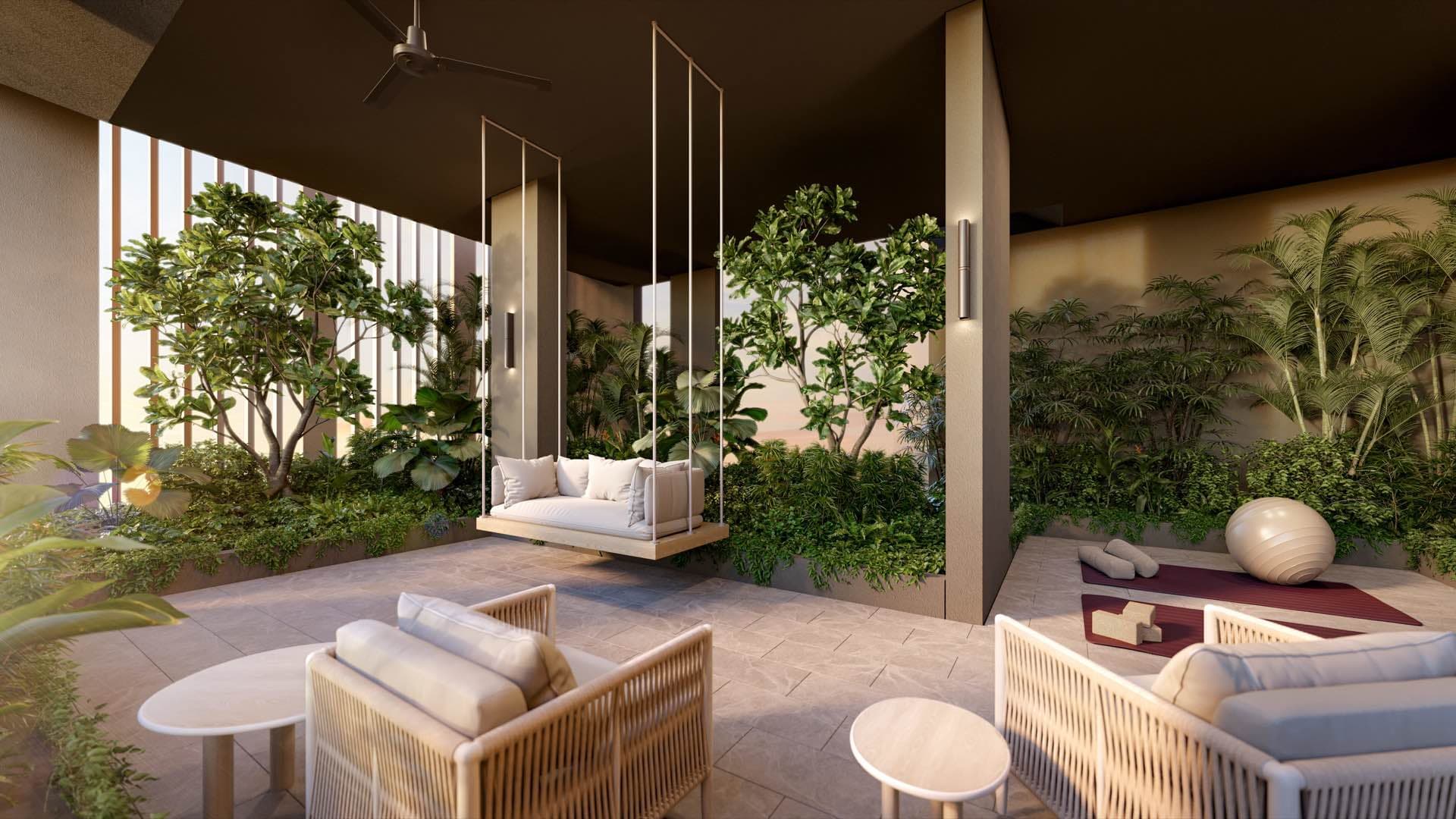 Developer render of the retreat lounge and zen deck, a hanging daybed and armchairs among planting