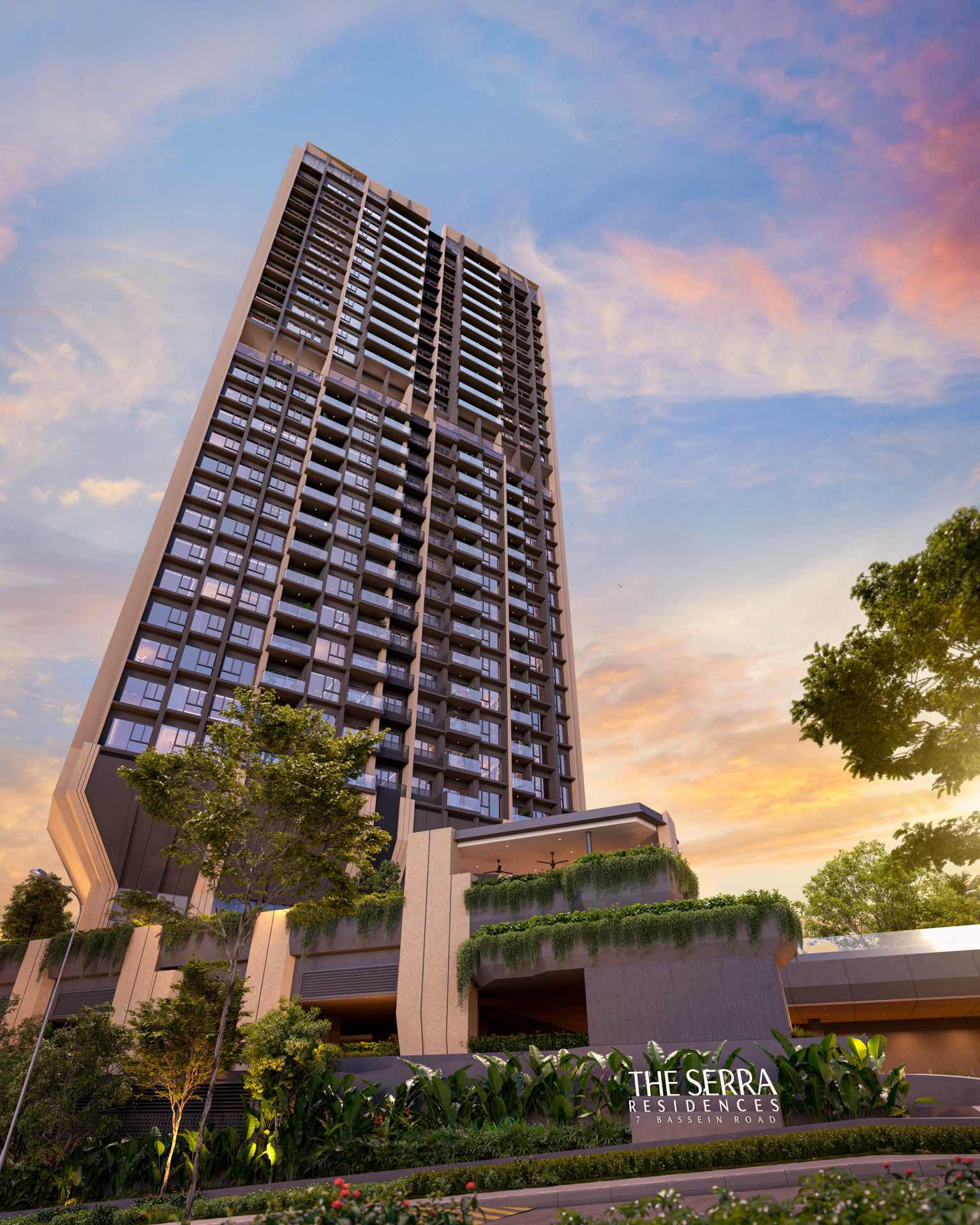 Developer render looking up at the tower from the arrival drive at sunset, The Serra Residences sign at its base