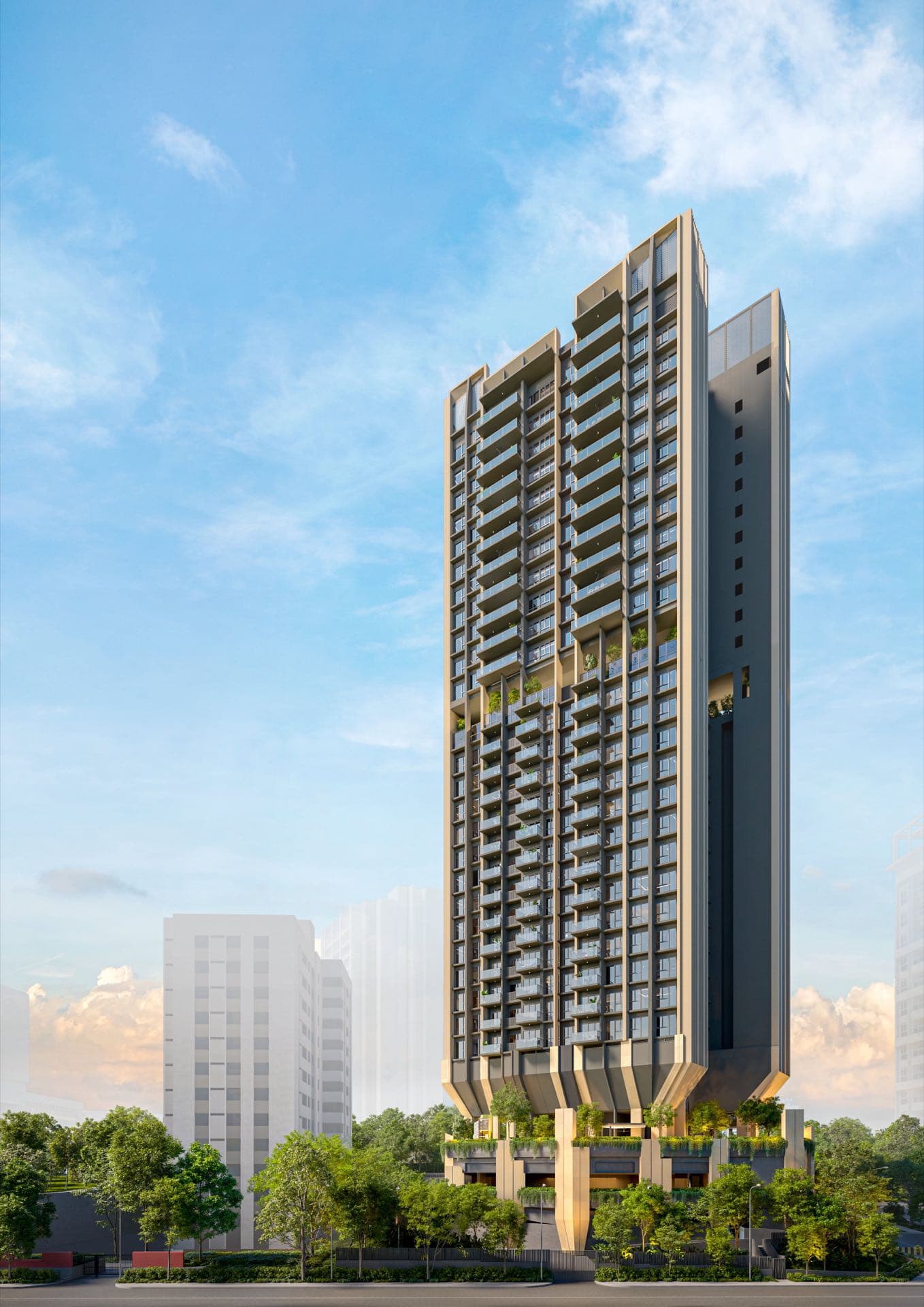 Developer render of the tower from the rear in daylight, trees along the street at its base