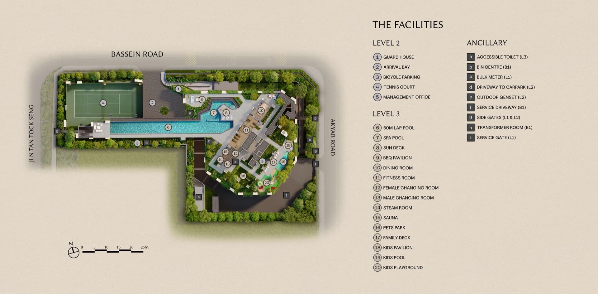 Illustrated site plan of The Serra Residences at the corner of Bassein Road and Akyab Road, with the Level 2 arrival and tennis court and the Level 3 pool-deck facilities keyed