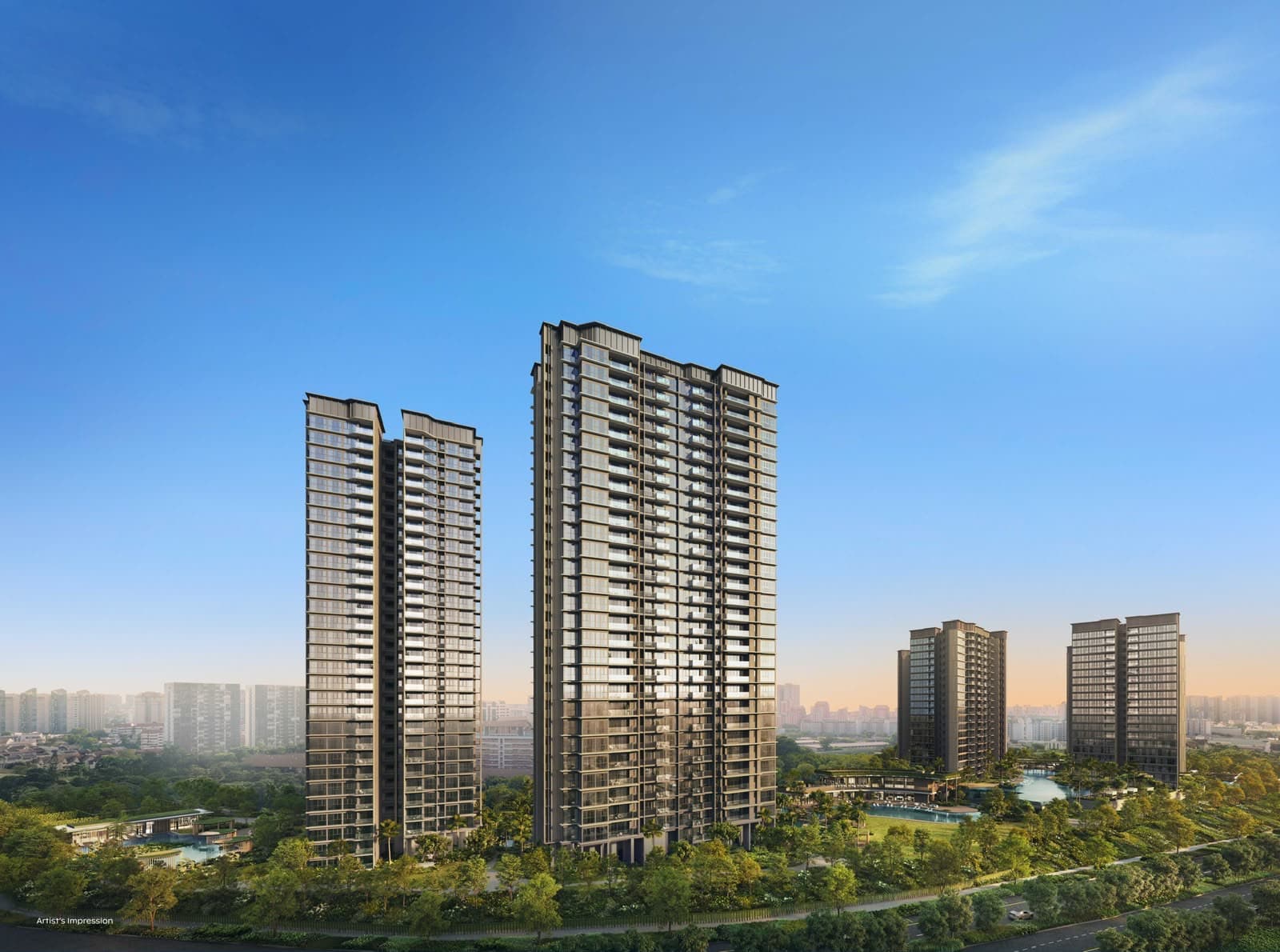 Aerial developer render of the Thomson Reserve towers with two lower blocks, pool decks and landscaped grounds, low-rise housing beyond