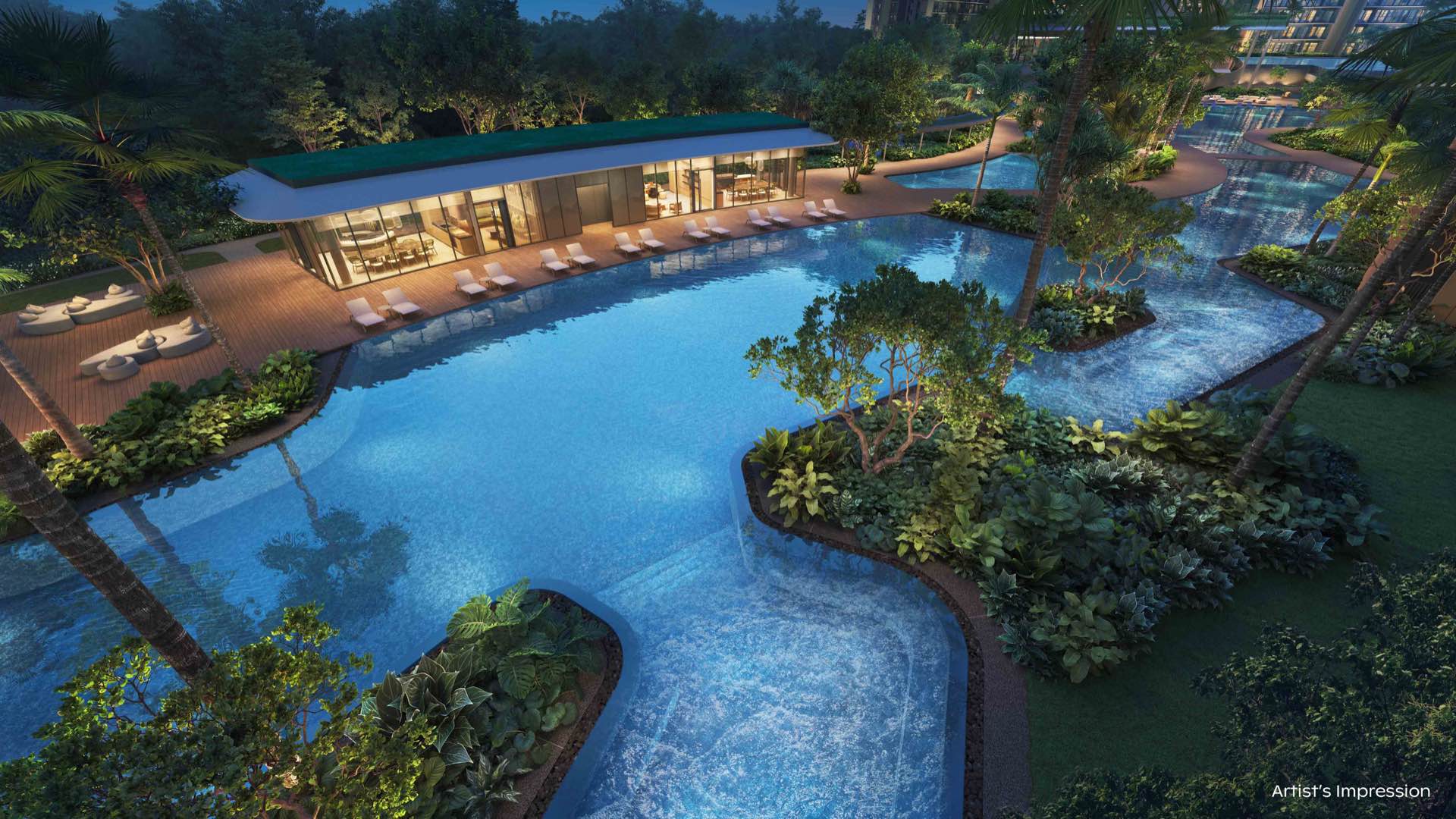 Developer render at night of the canopy lap pool winding between planted islands beside a lit pool pavilion