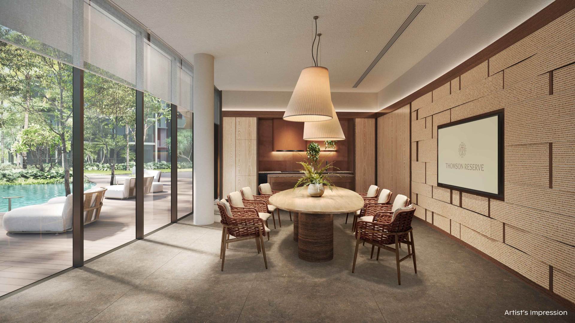 Developer render of the Cedar Room function room, a round dining table beside glass walls onto the pool deck