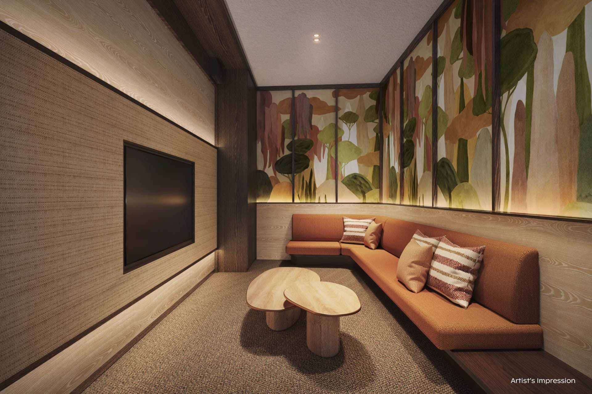 Developer render of an entertainment room, an L-shaped sofa facing a wall-mounted screen beside a painted mural