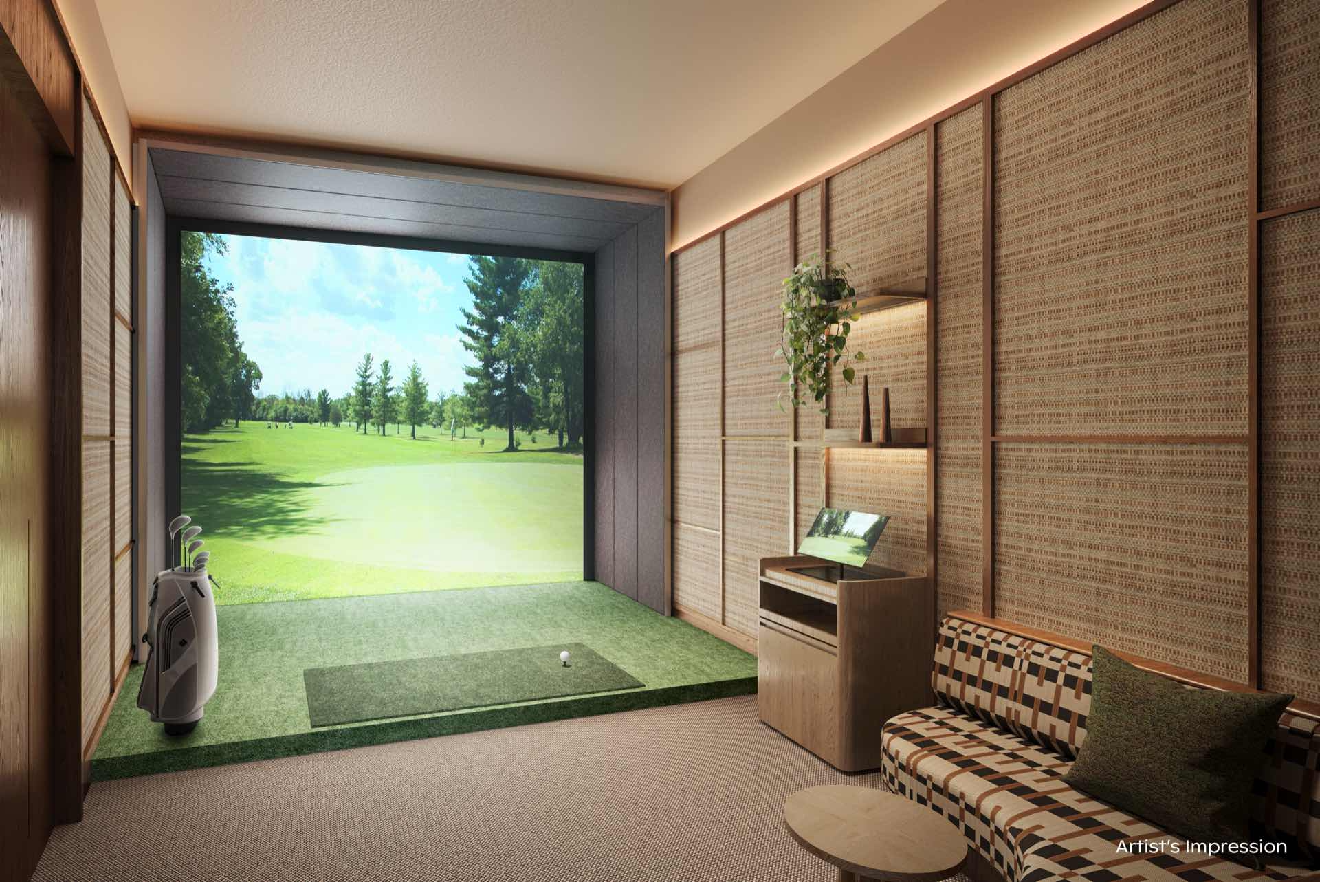 Developer render of the golf simulator room, a screen showing a fairway above a hitting mat