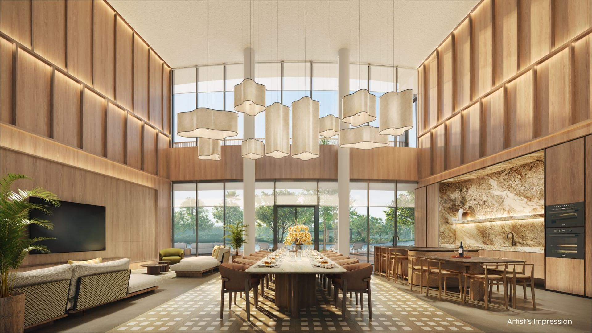 Developer render of the double-height function room, a long dining table, lounge and kitchen under clustered pendant lights