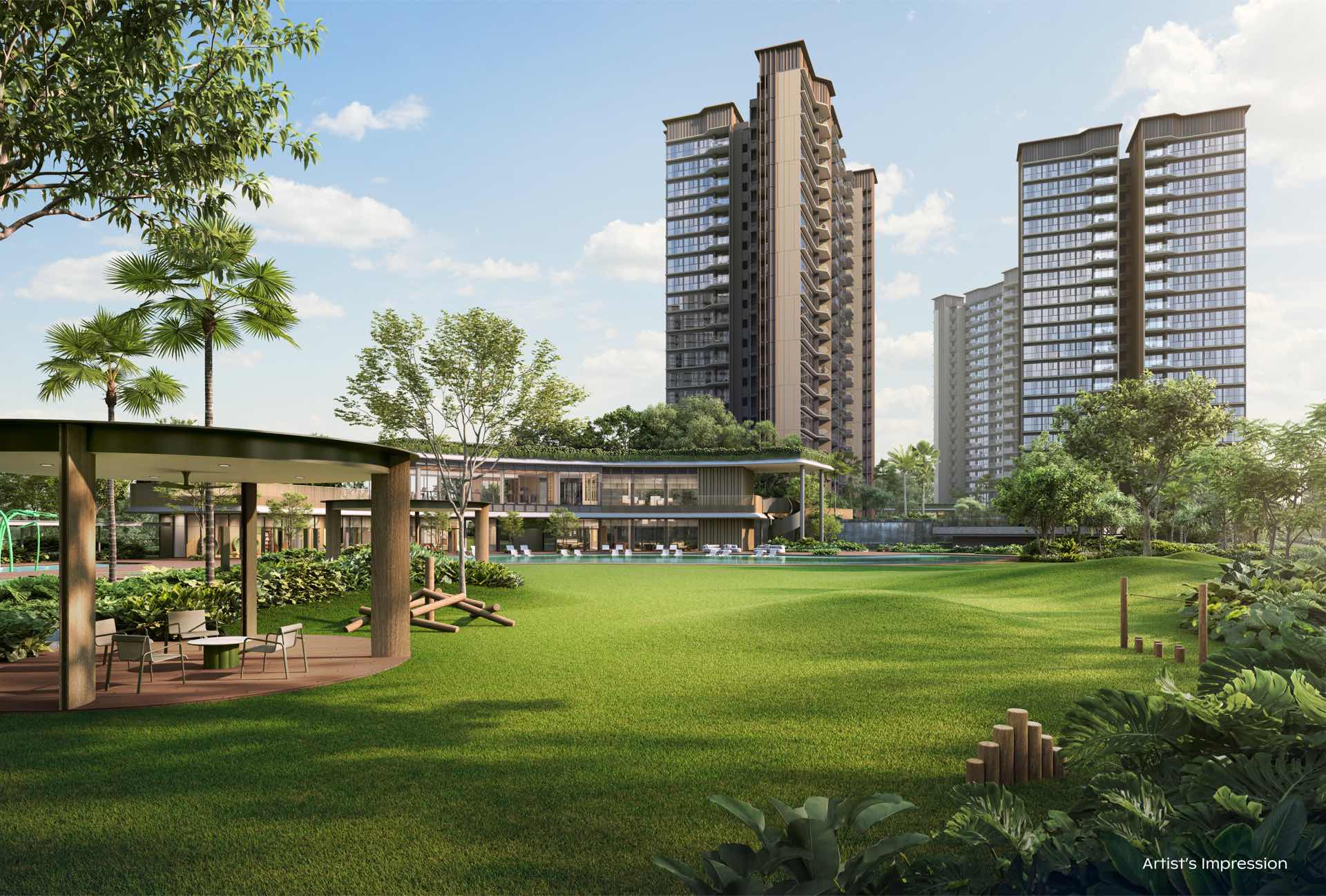 Developer render of the grand lawn and a timber pavilion, with the clubhouse, the pool and the towers beyond