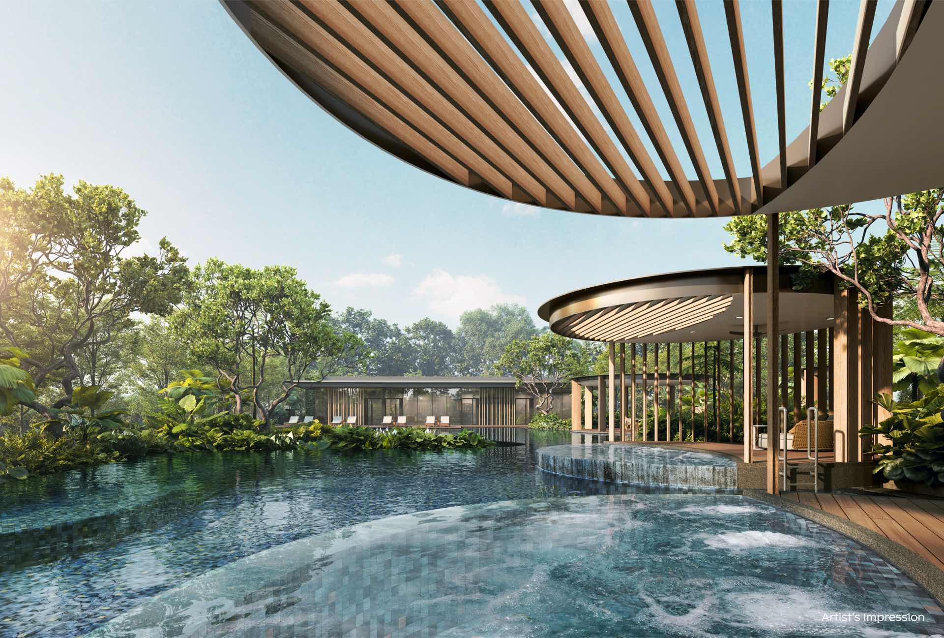 Developer render of the hydro spa pool under a slatted timber canopy, round wellness pavilions at the water's edge