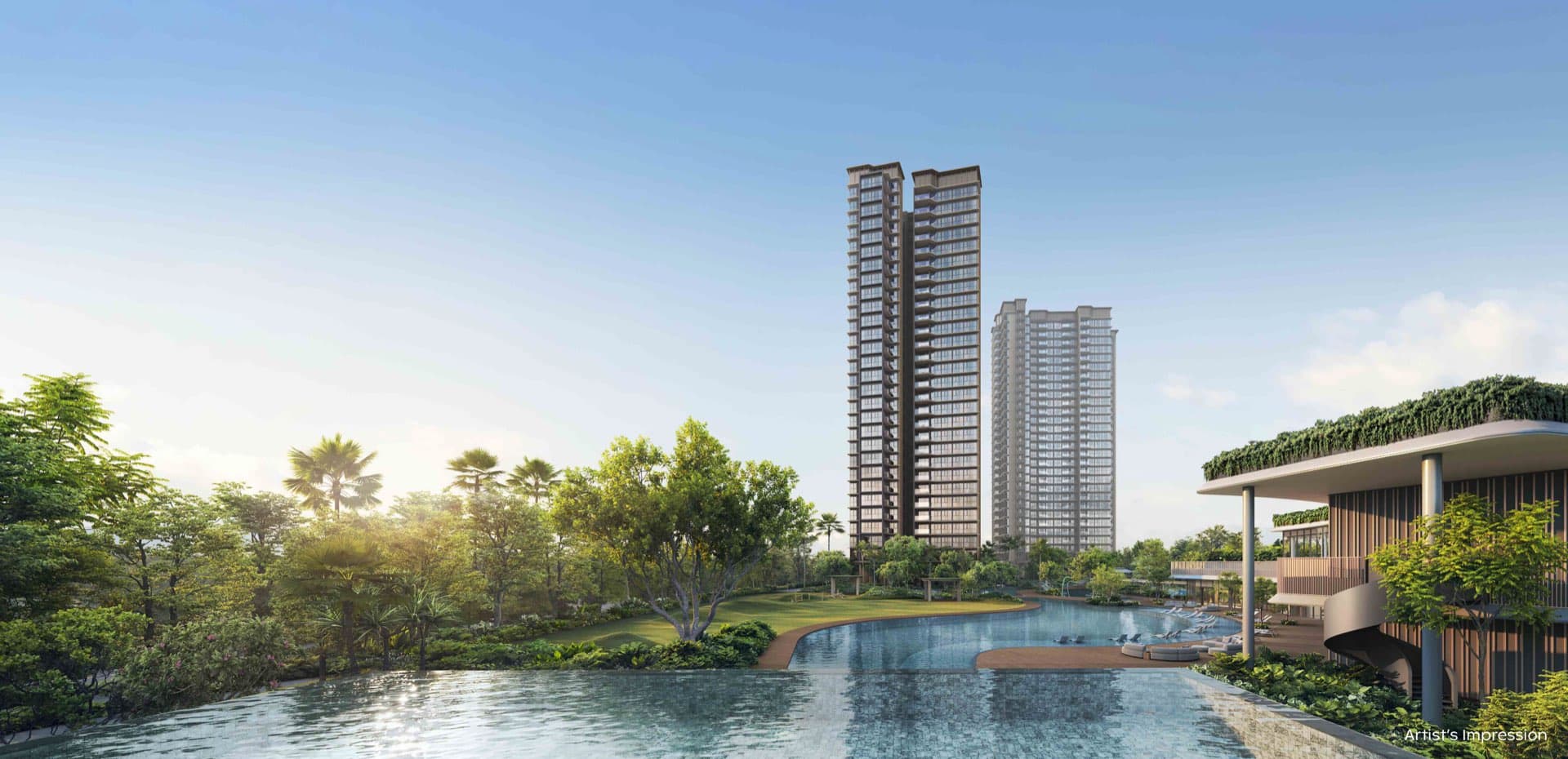Developer render of the infinity lap pool among trees, two towers and a clubhouse terrace beyond