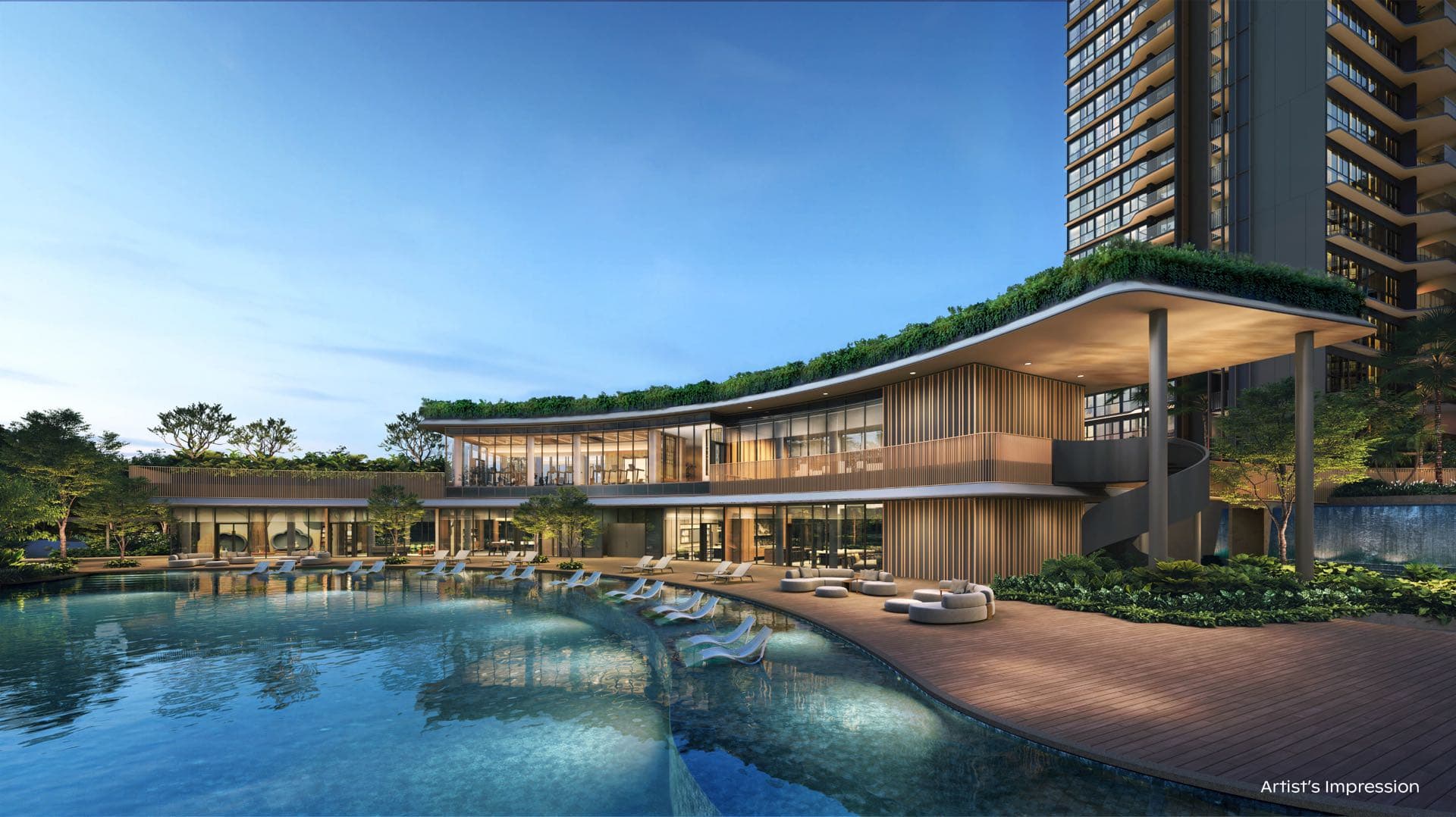 Developer render of the leisure pool and deck loungers in front of the two-storey clubhouse with its planted roof