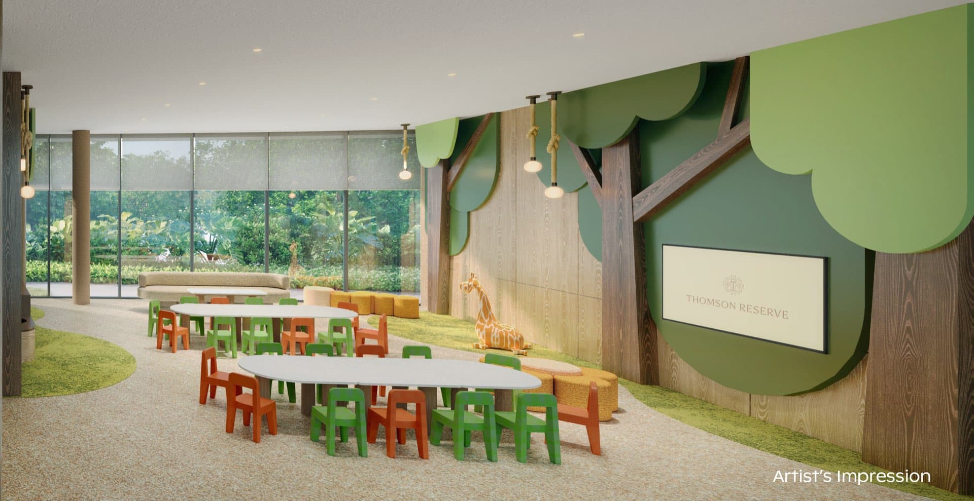 Developer render of the children's function room, small tables and chairs beside a tree-shaped wall