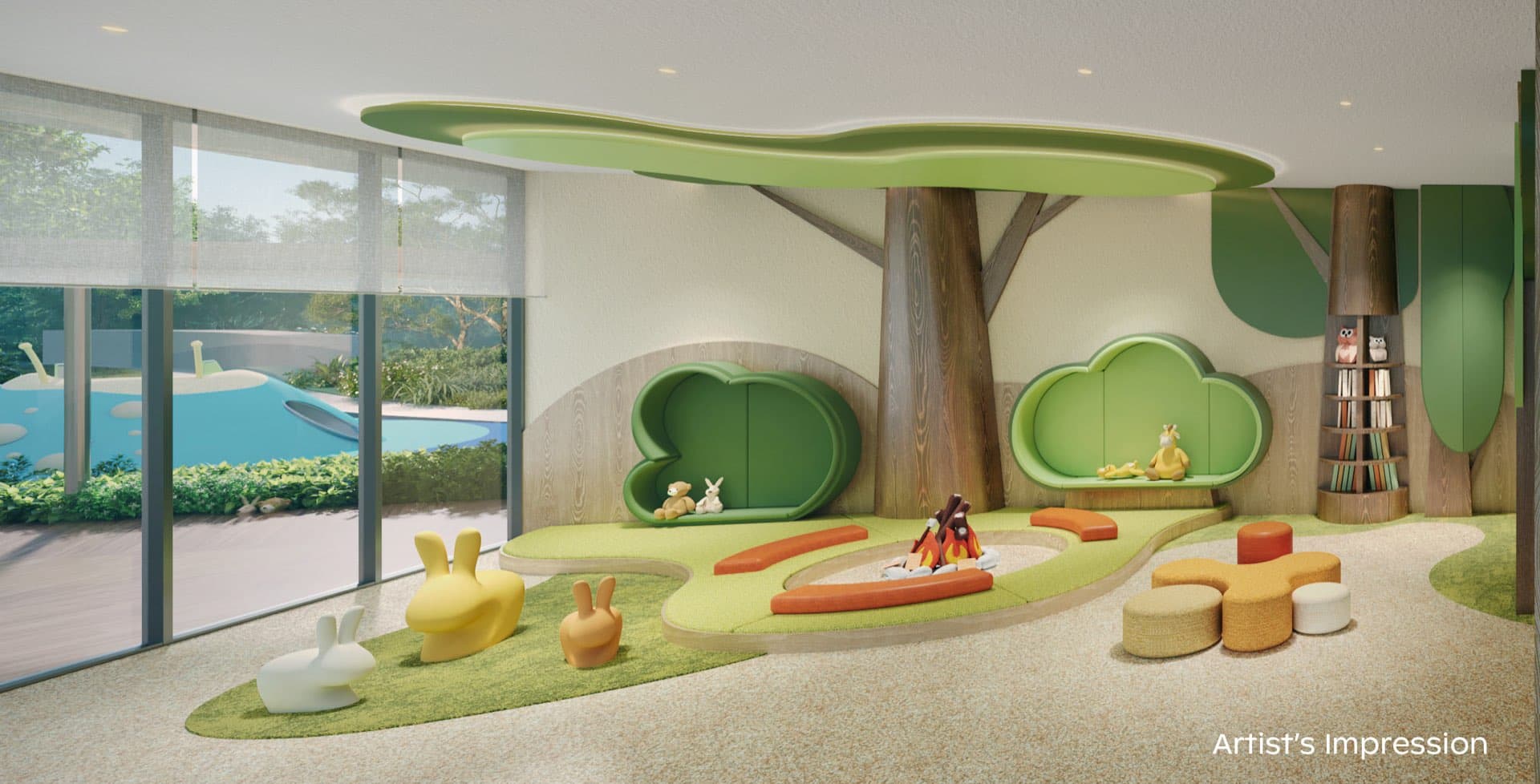 Developer render of the children's play room under a tree-shaped canopy, with cloud-shaped reading nooks and animal seats