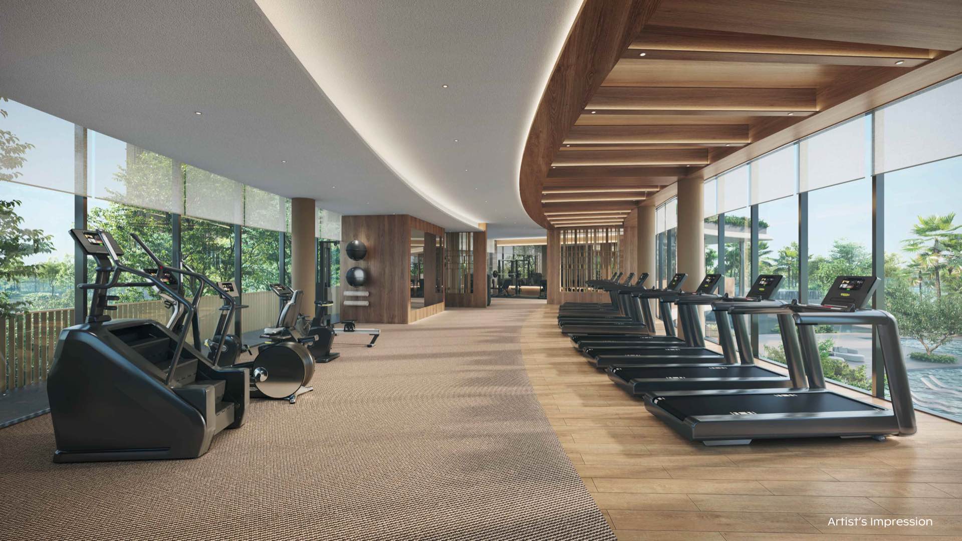 Developer render of the main gym, a curved run of treadmills and cardio machines along full-height windows