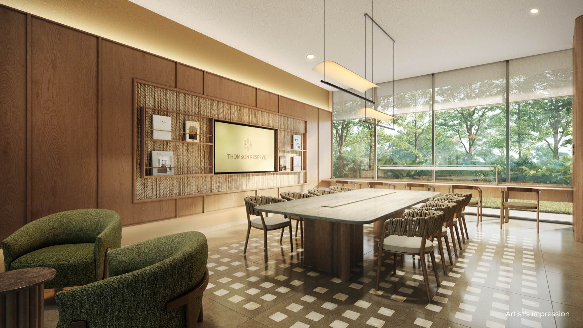 Developer render of the Maple Room function room, a long table and armchairs beside windows onto the garden