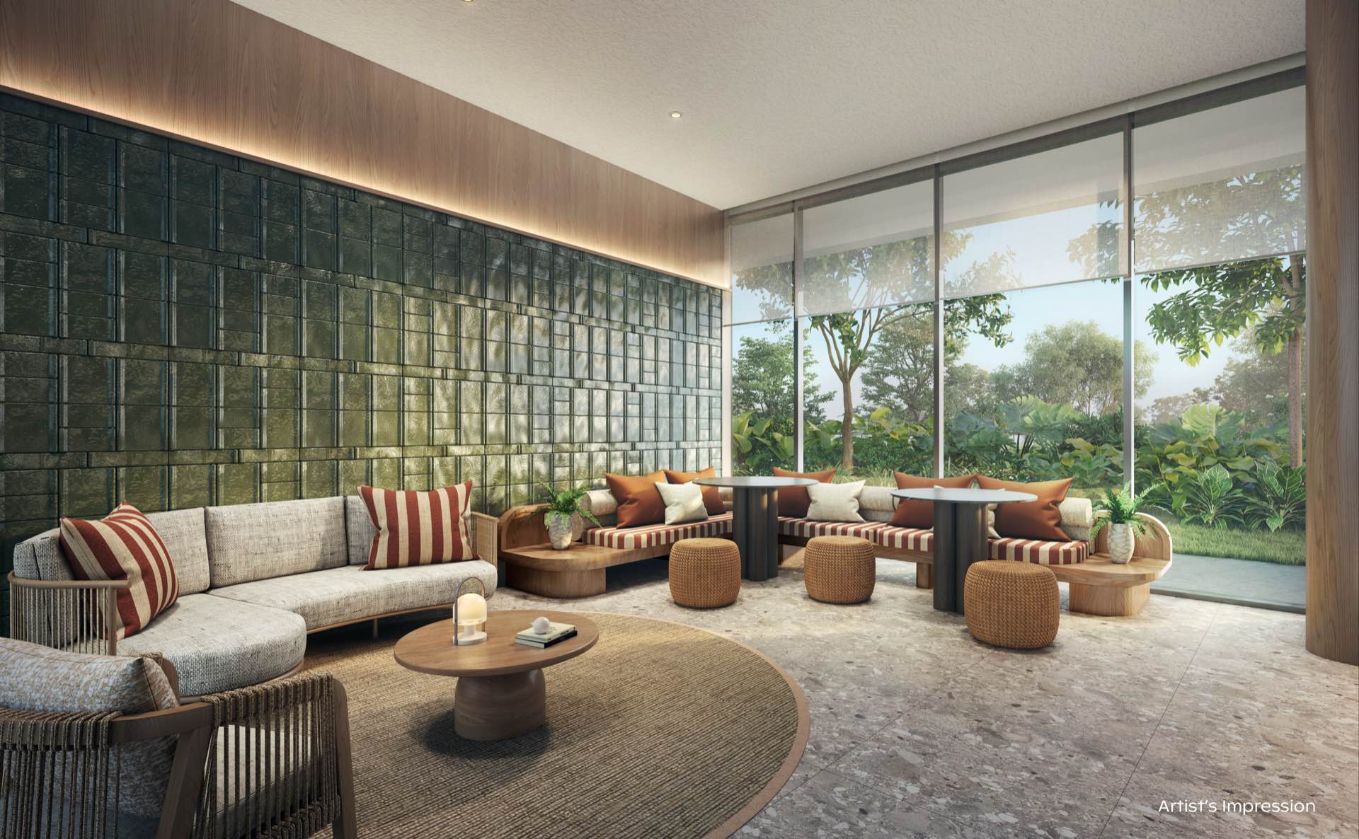 Developer render of the Olive Lounge, sofas and banquette seating before a green tiled wall and garden windows