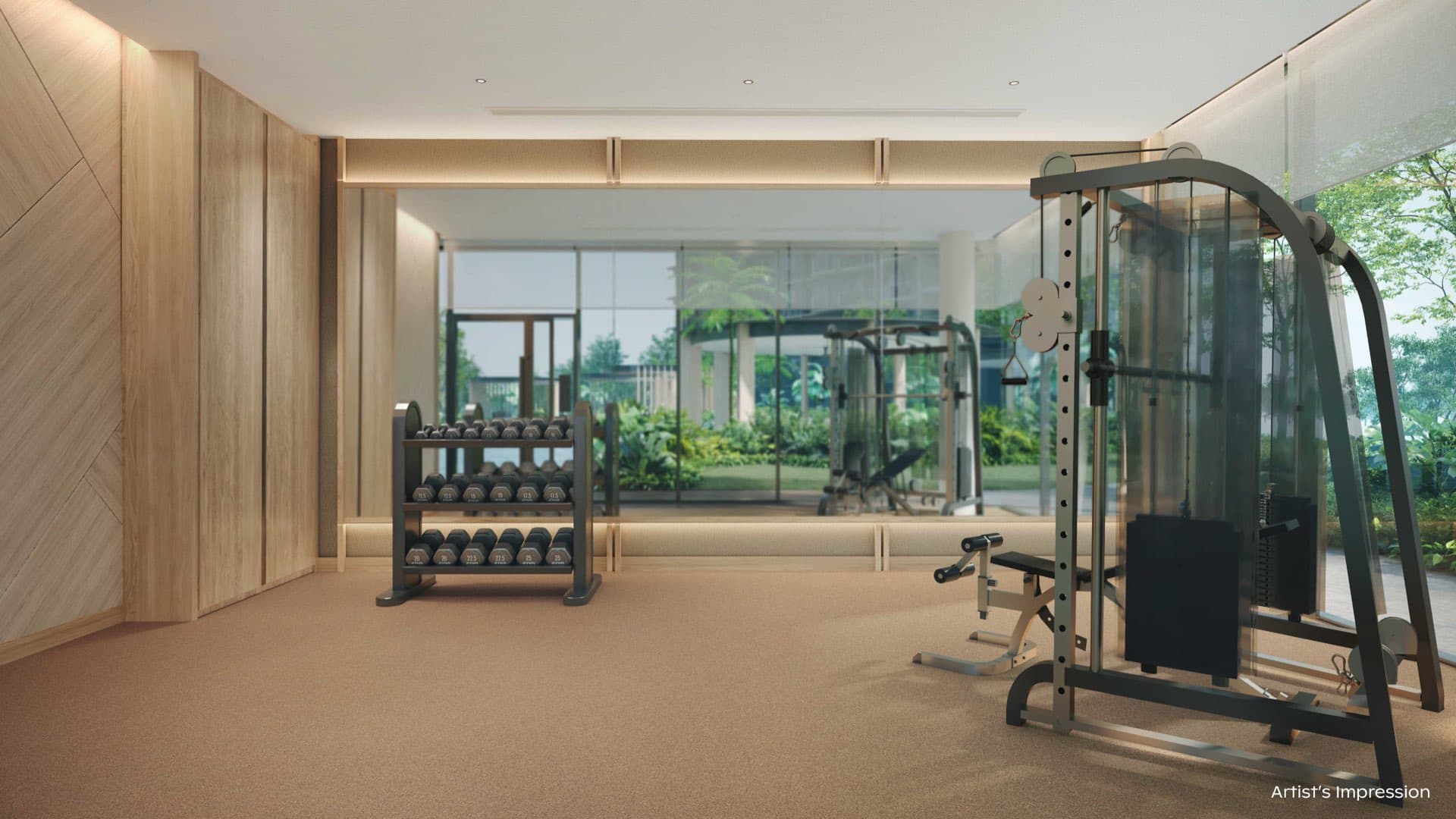 Developer render of the private gym with a cable machine, bench and dumbbell rack before garden windows