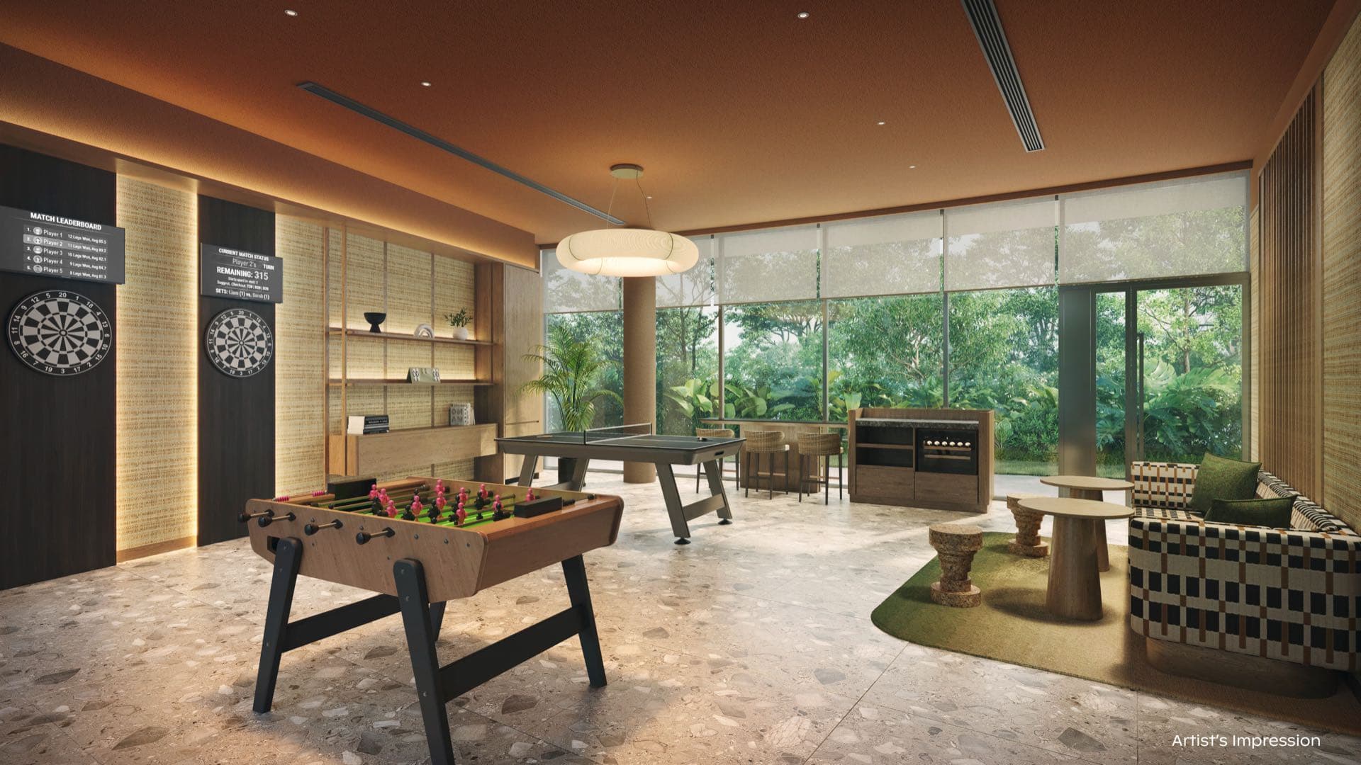 Developer render of the recreation room with a foosball table, table tennis and dartboards beside garden windows