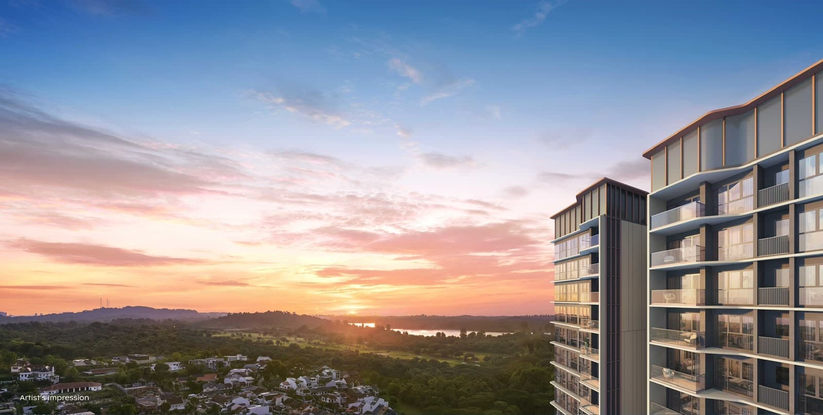 Developer render of the sunset view from an upper-floor balcony, over landed housing towards open greenery and a reservoir