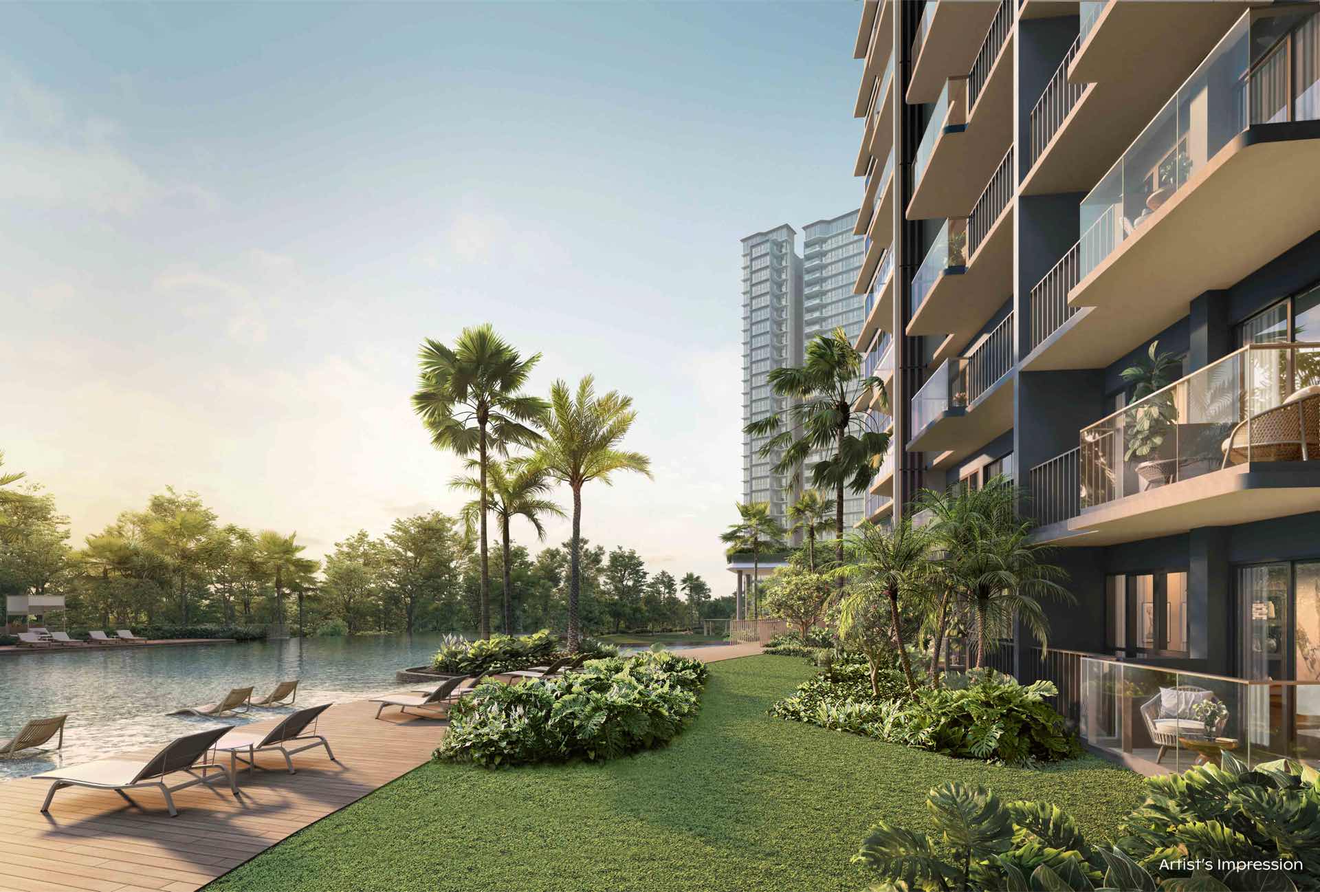 Developer render of the view from a ground-floor private garden across a lawn and pool deck, towers in the distance
