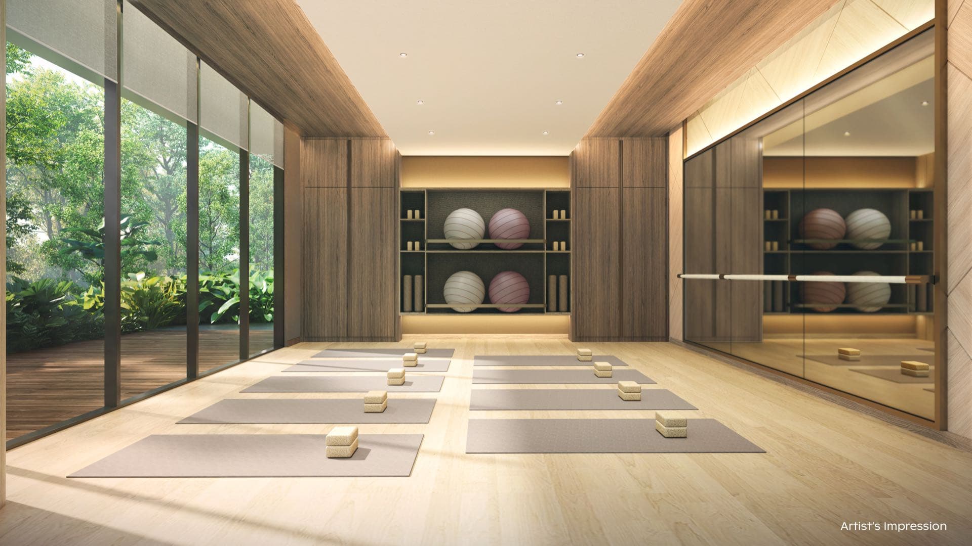 Developer render of the wellness studio, yoga mats on a timber floor beside a glass wall onto greenery