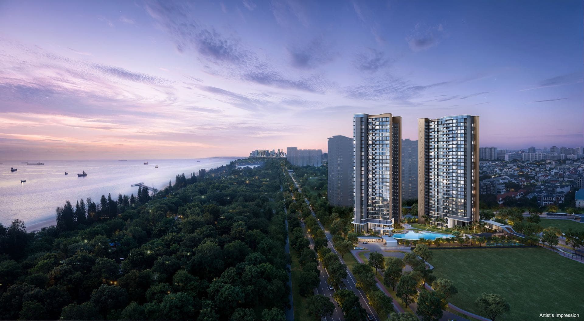 Aerial developer render at dusk looking along the coast towards the city, the Vela Bay towers on the right