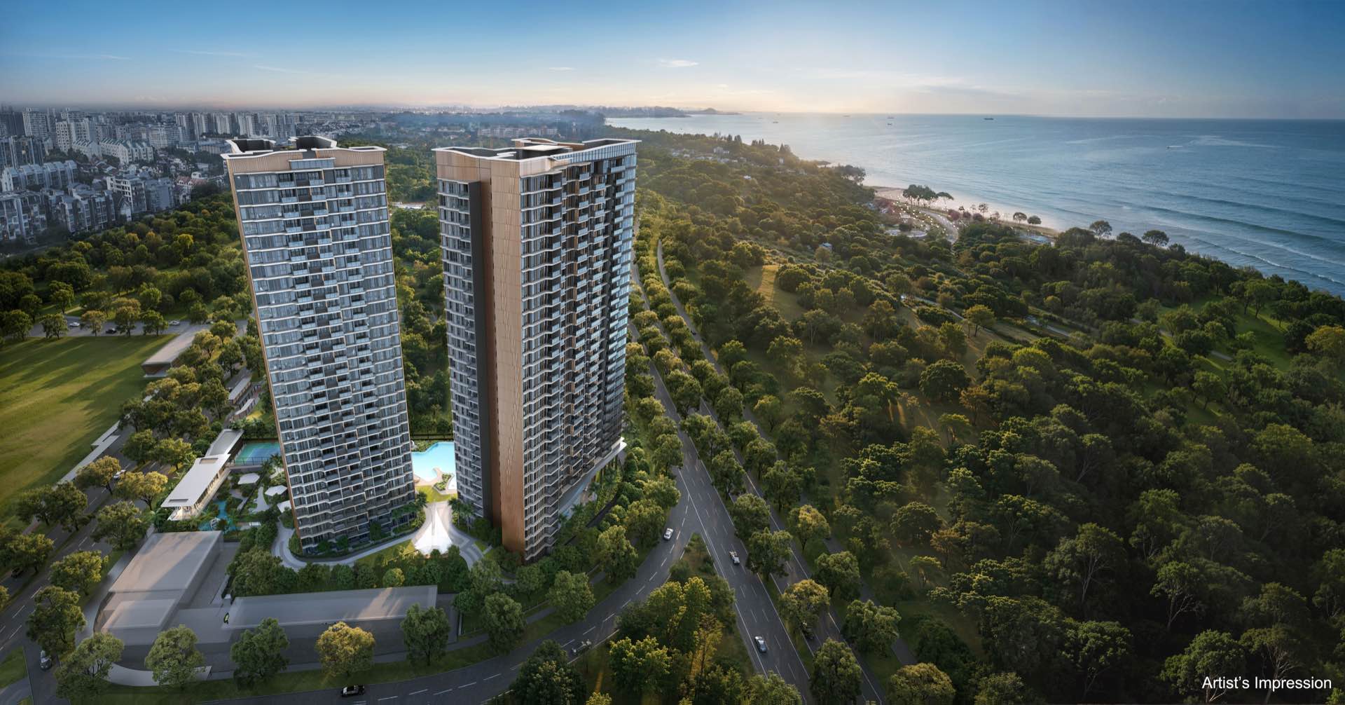 Aerial developer render of the two Vela Bay towers beside East Coast Park, with the beach and sea beyond