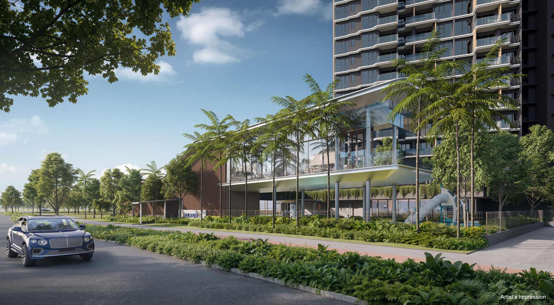 Developer render of the two-storey clubhouse block seen from the road