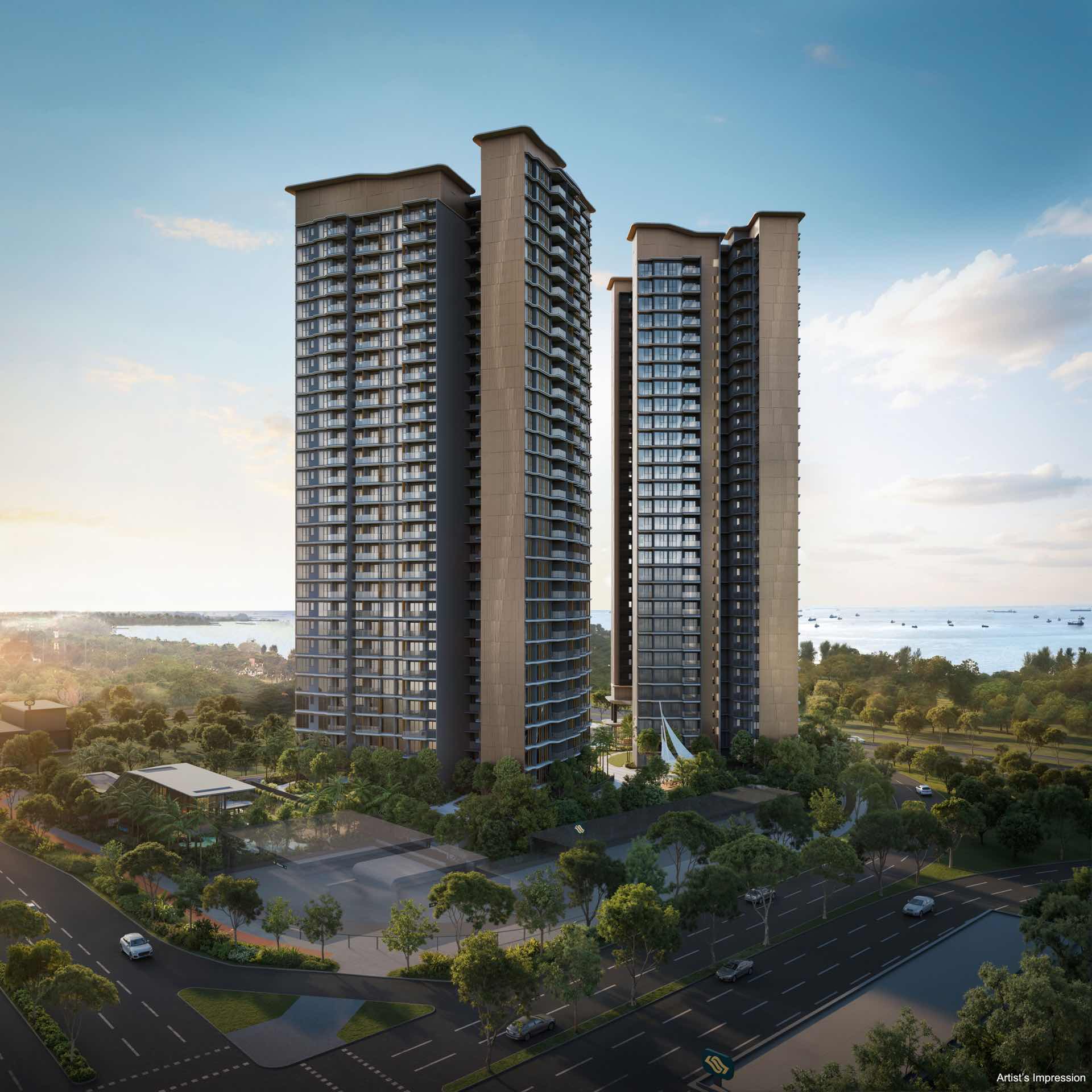 Developer render of the Vela Bay towers seen from the road junction, the sea behind