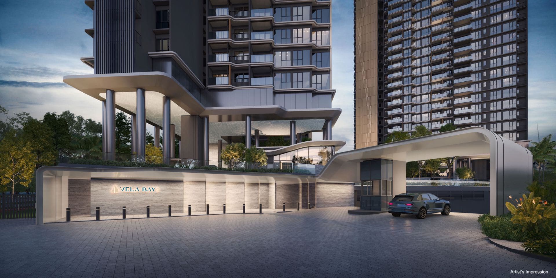 Developer render of the sheltered arrival court at dusk, with the lit Vela Bay signage wall