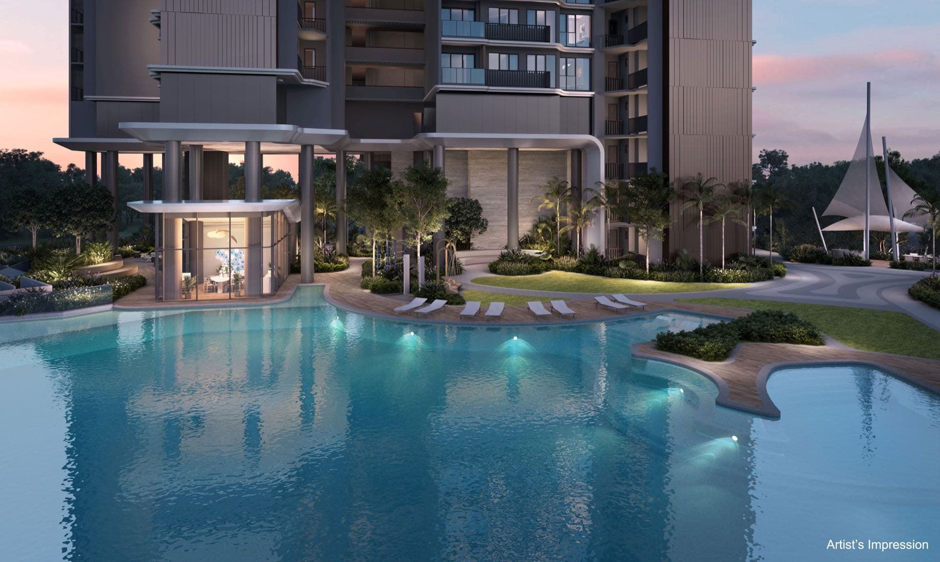 Developer render of the pool at dusk, with the glazed pavilion and sun loungers at the water's edge