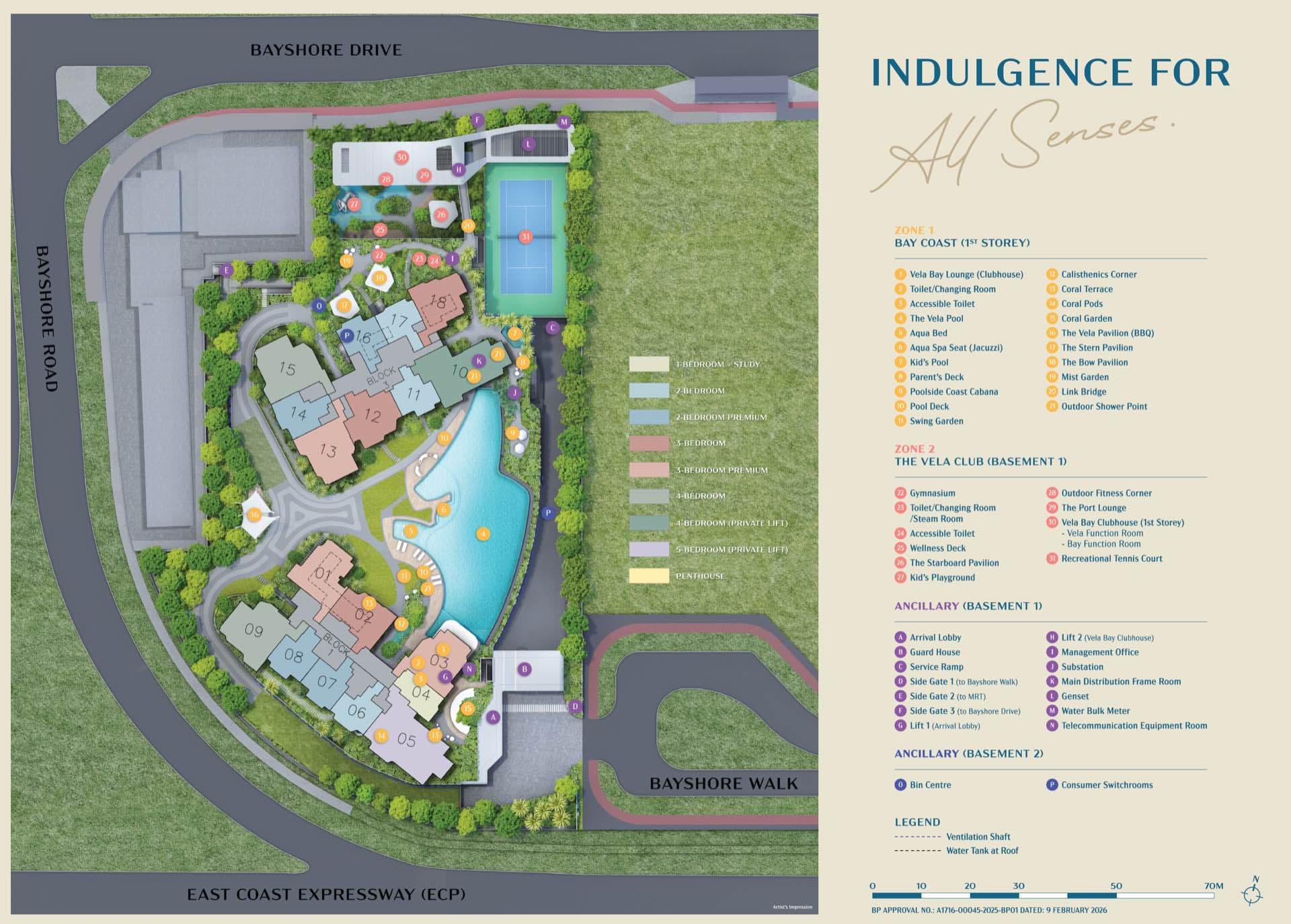 Illustrated site plan of Vela Bay with the two blocks, unit types and facilities marked