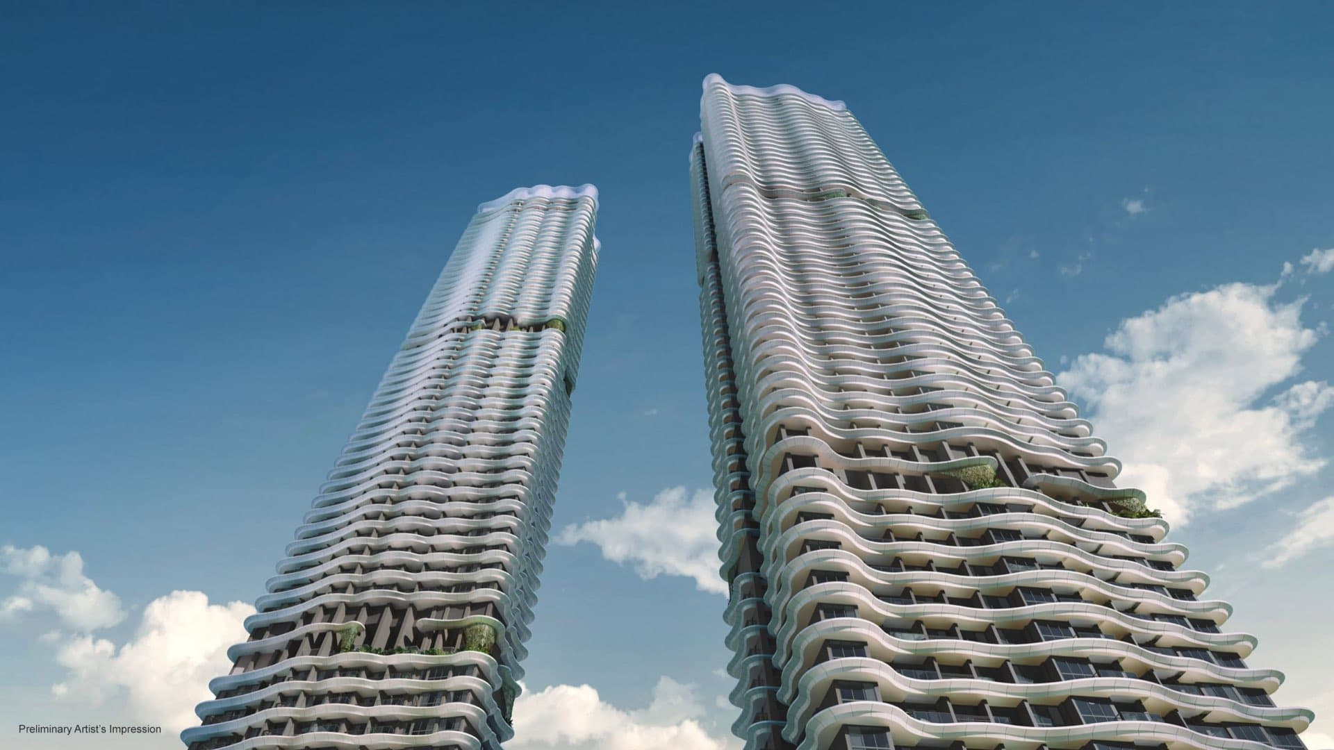 Developer render looking up at the two Zyon Grand towers against a clear sky, their balcony bands stacked in a continuous wave
