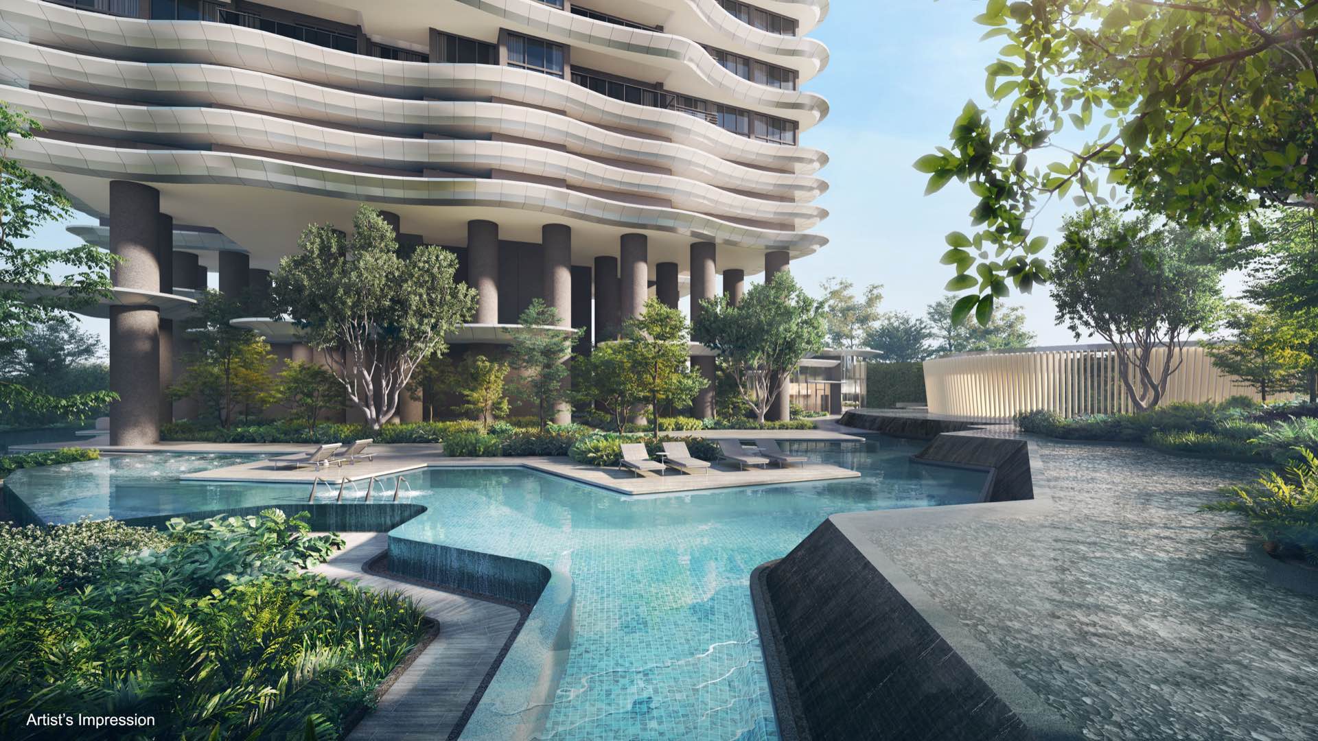 Developer render of the relaxation lagoon by day, stepped pools and loungers beneath the tower's columned underside