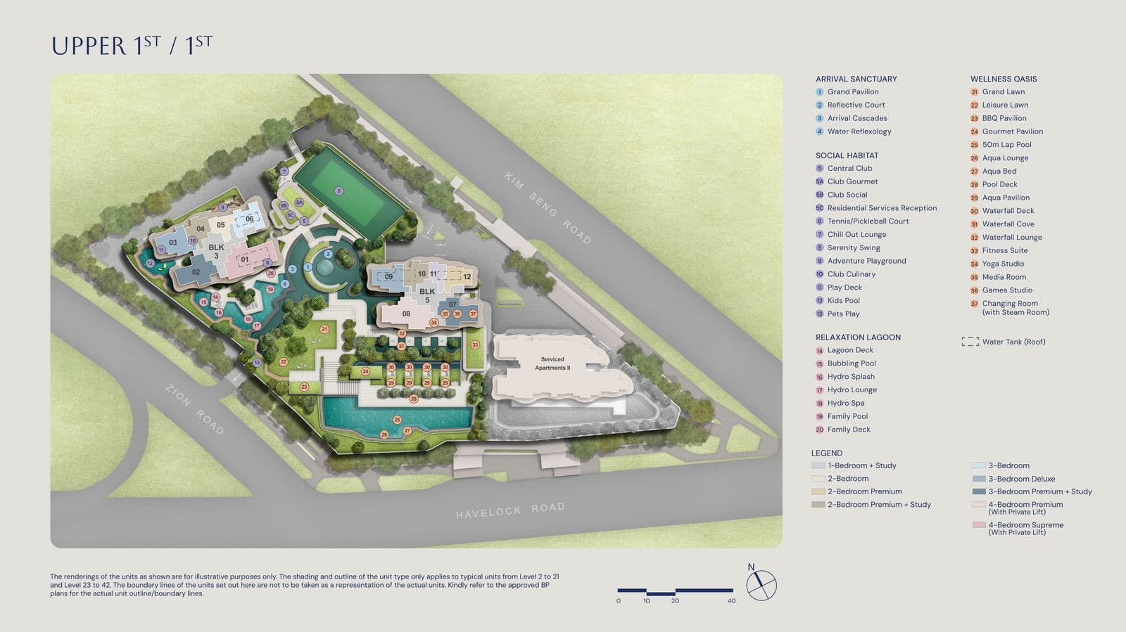 Illustrated site plan of Zyon Grand at the upper first storey, numbered facilities across the arrival, social, lagoon and wellness zones with a unit-type colour legend