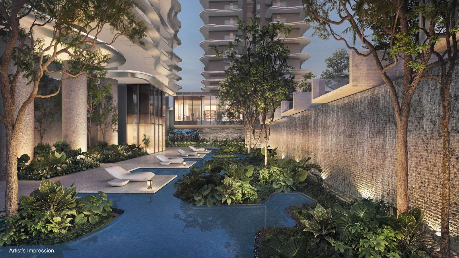 Developer render of the waterfall cove at dusk, water channels and planting between the tower columns beside a textured water wall